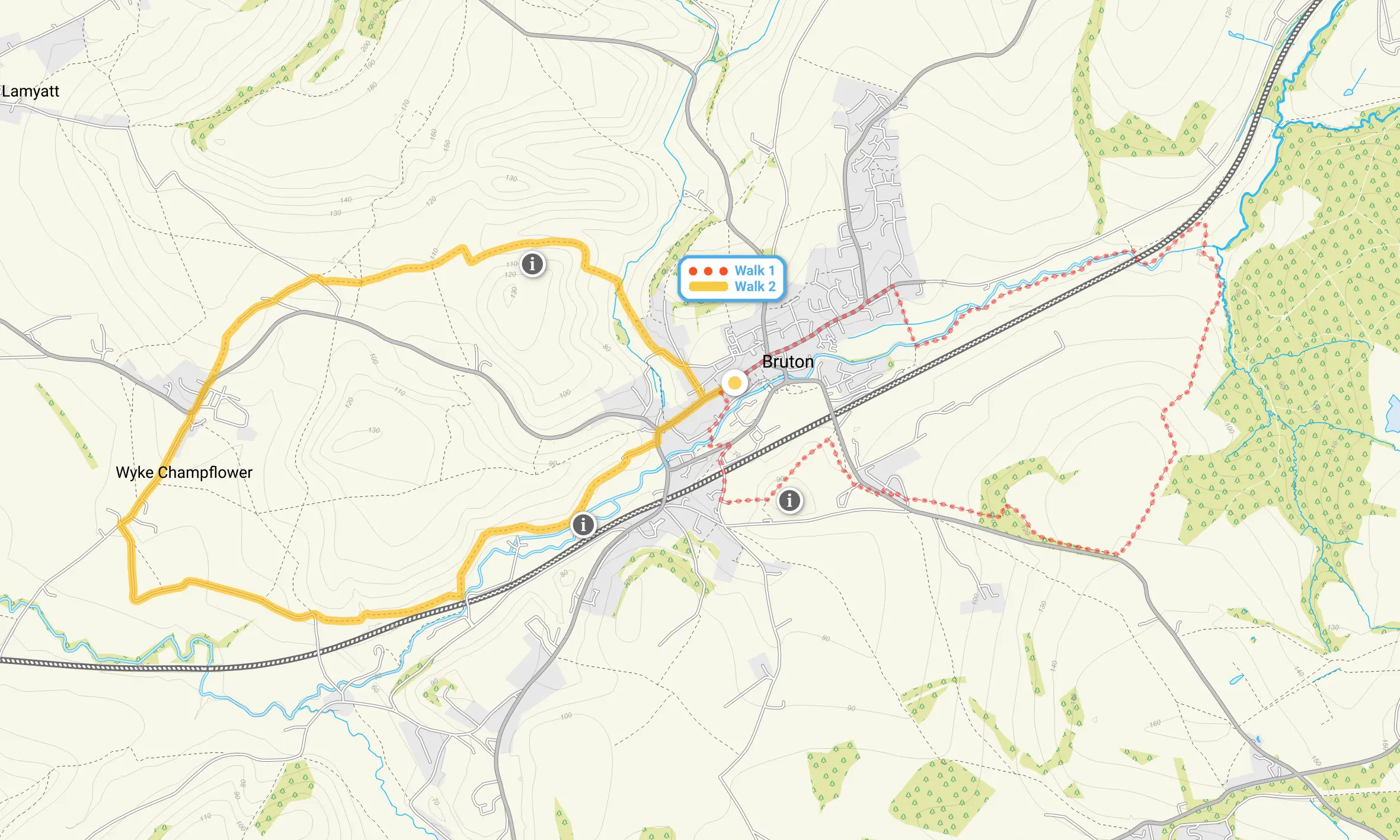 Route map for Bruton Walk 1, a 3.75 mile circular walk in Somerset