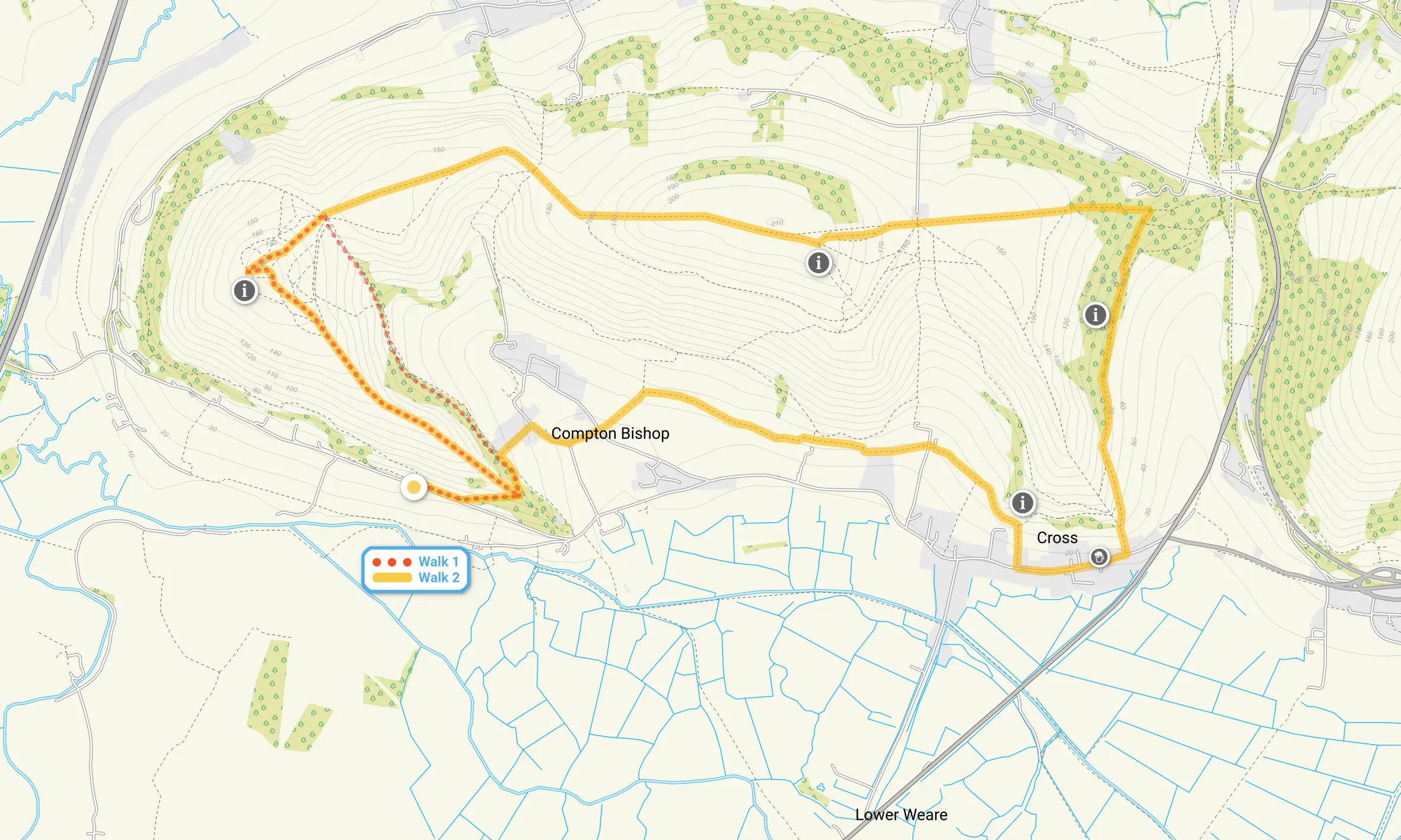 Route map for Crook Peak Walk 1, a 2.25 mile circular walk in Somerset