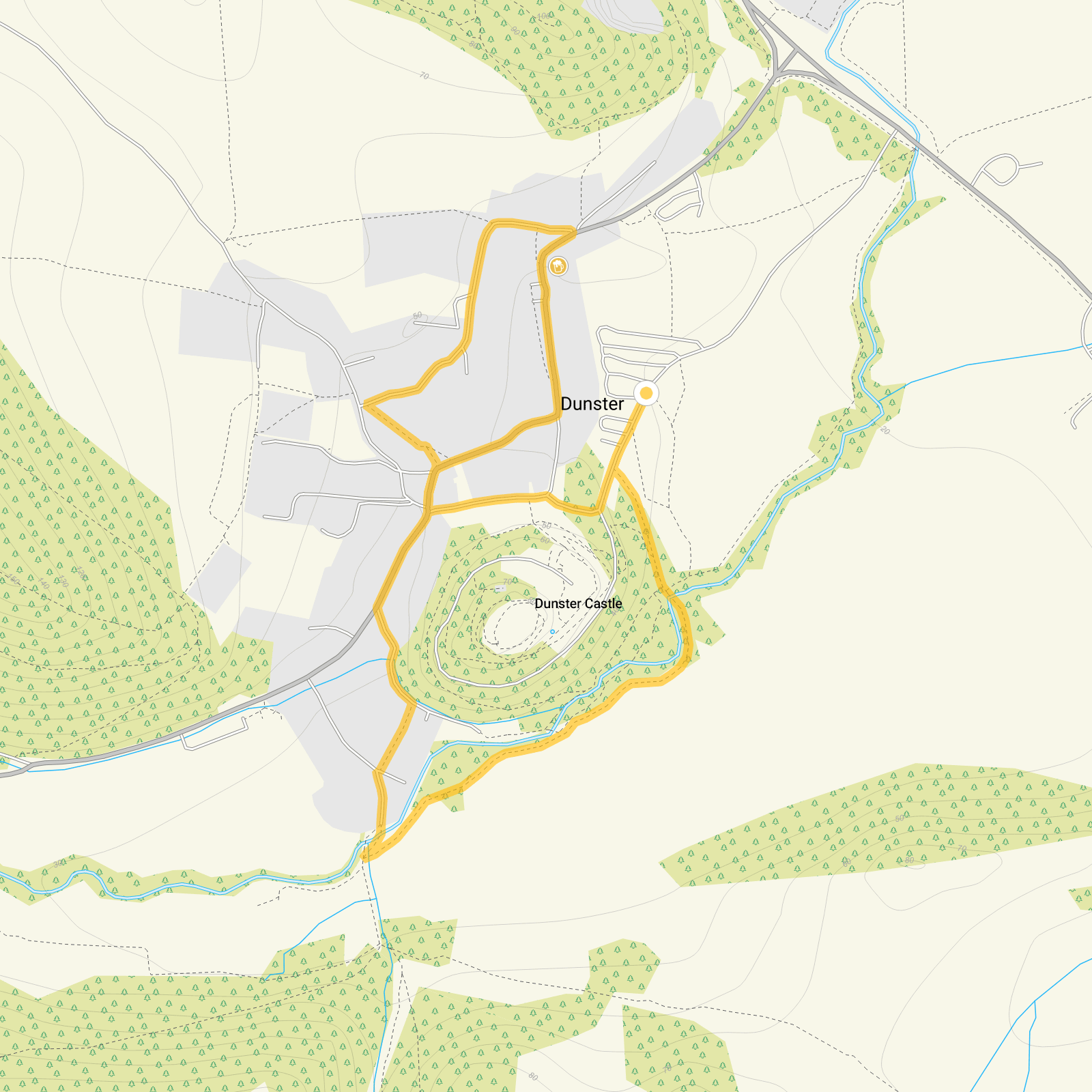Route map for Dunster Walk 1, a 1.25 mile circular walk in Somerset