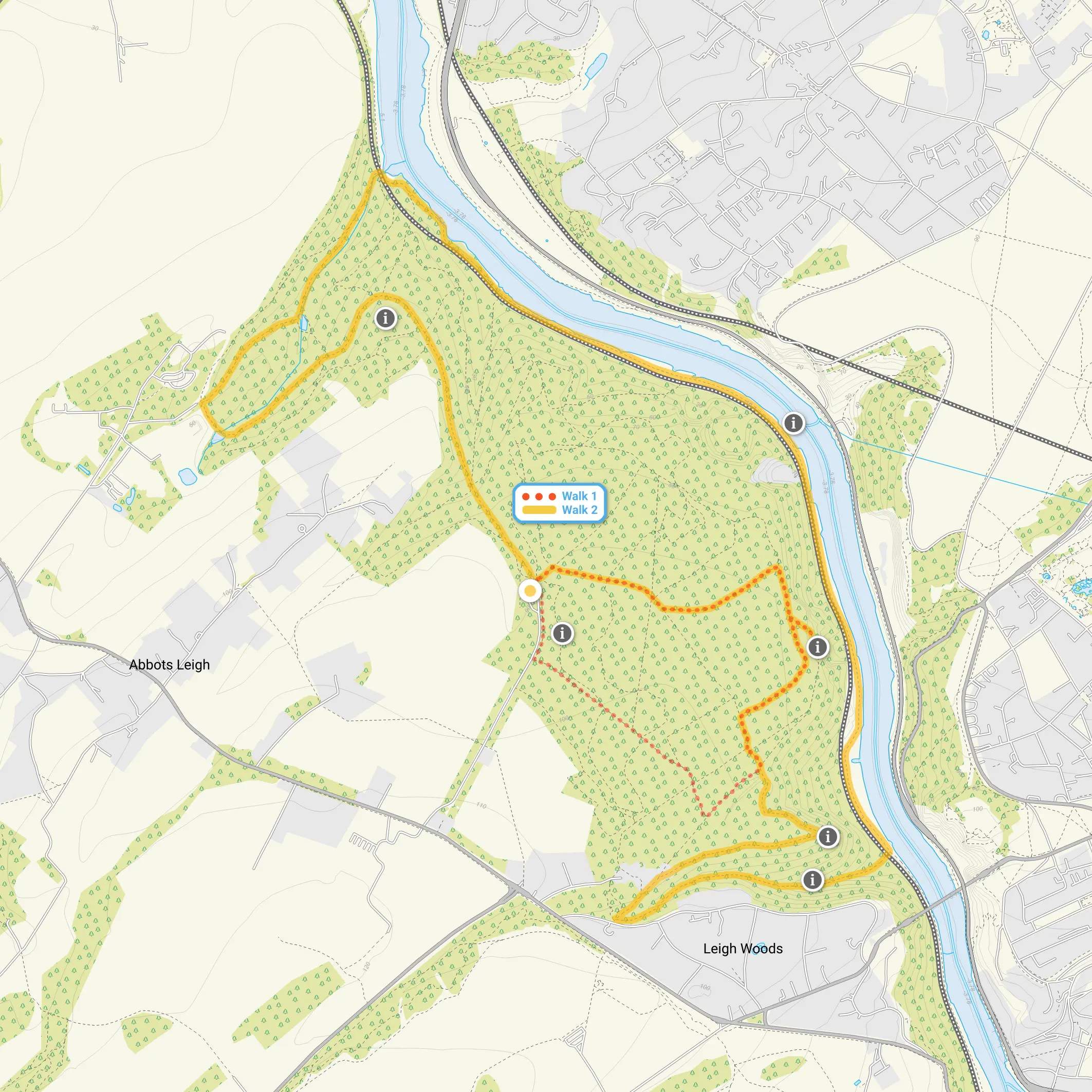 Route map for Leigh Woods Walk 1, a 1.75 mile circular walk in Somerset