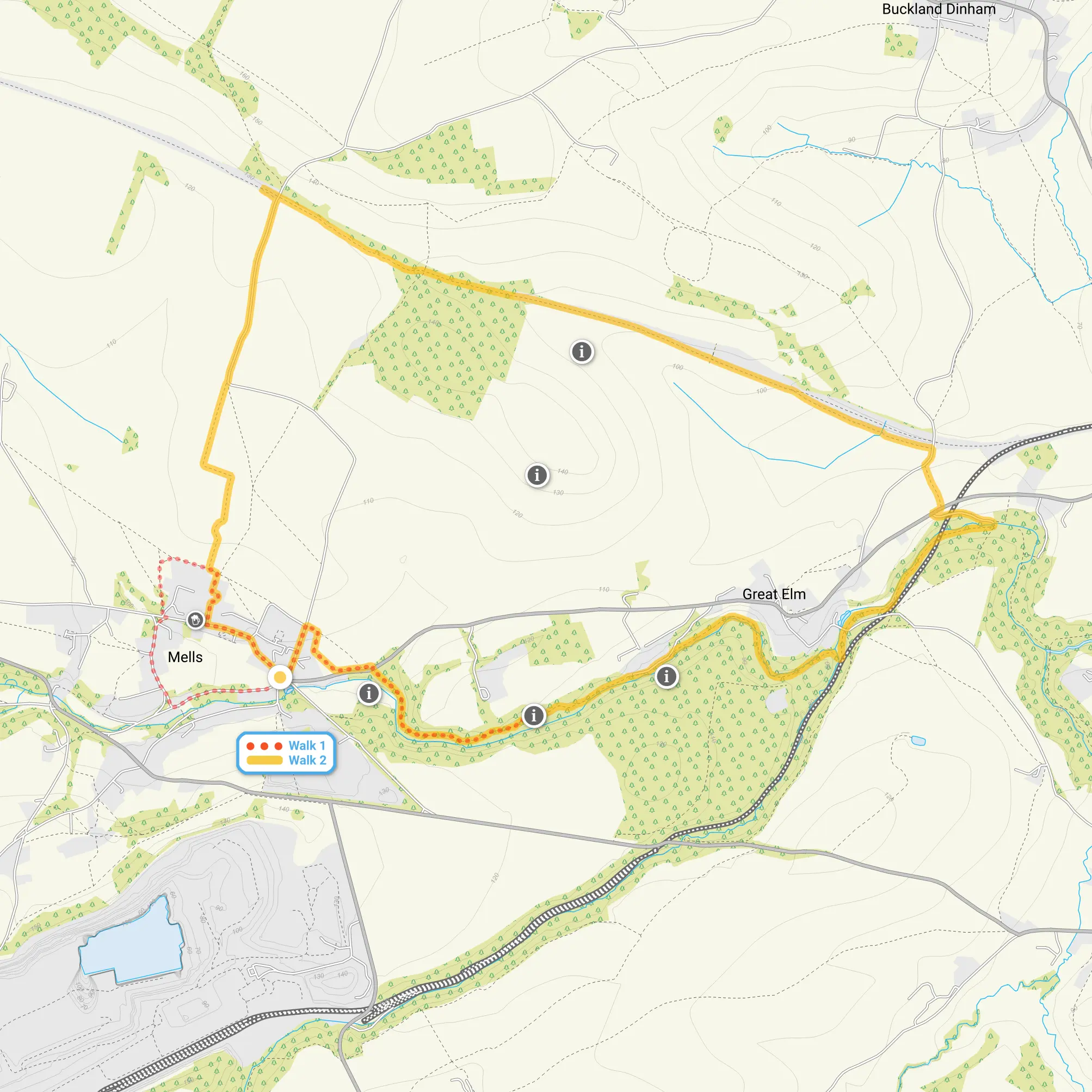Route map for Mells Walk 1, a 2.5 mile circular walk in Somerset