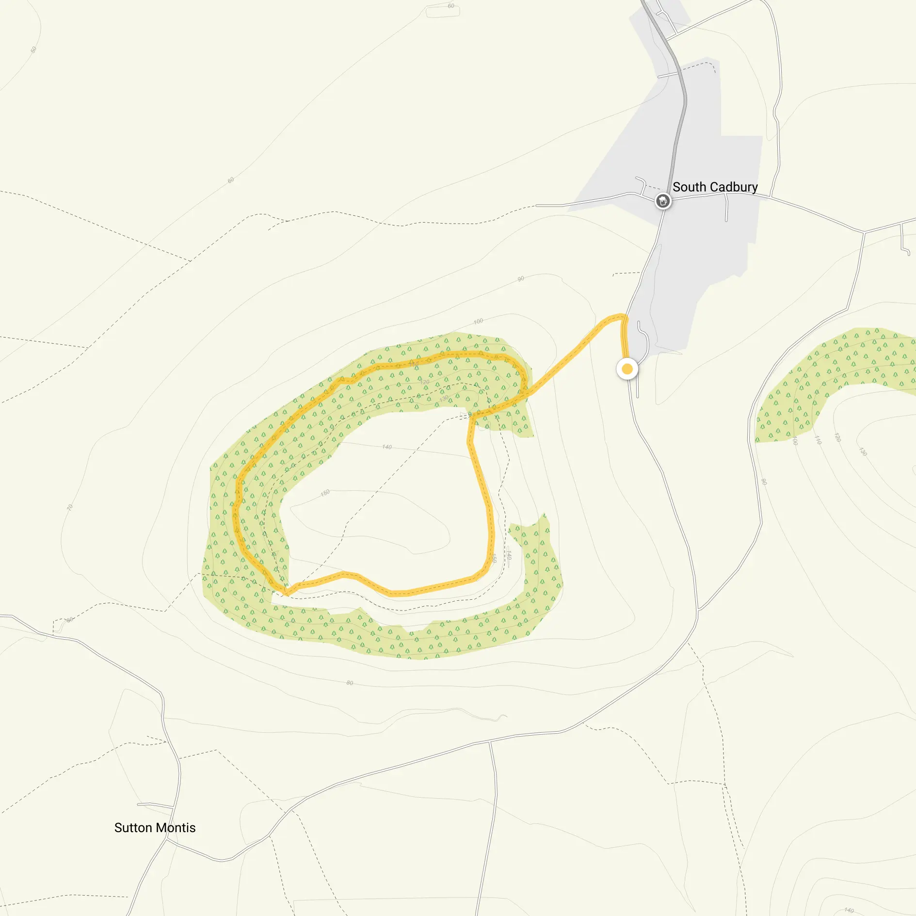 Route map for Cadbury Castle Walk 1, a 1.5 mile circular walk in Somerset