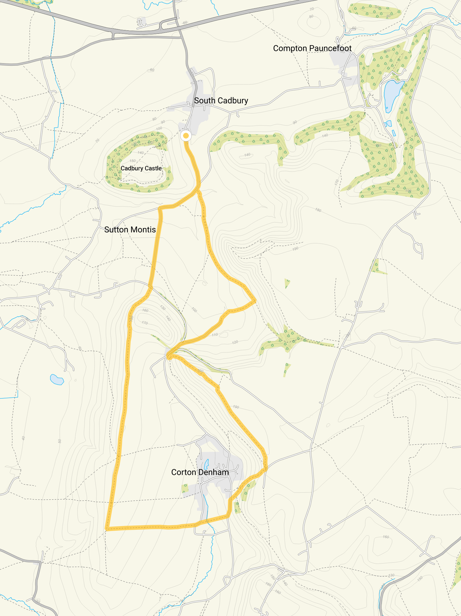 Route map for Parrock Hill, Corton Hill & The Beacon, a 5.5 mile circular walk in Somerset