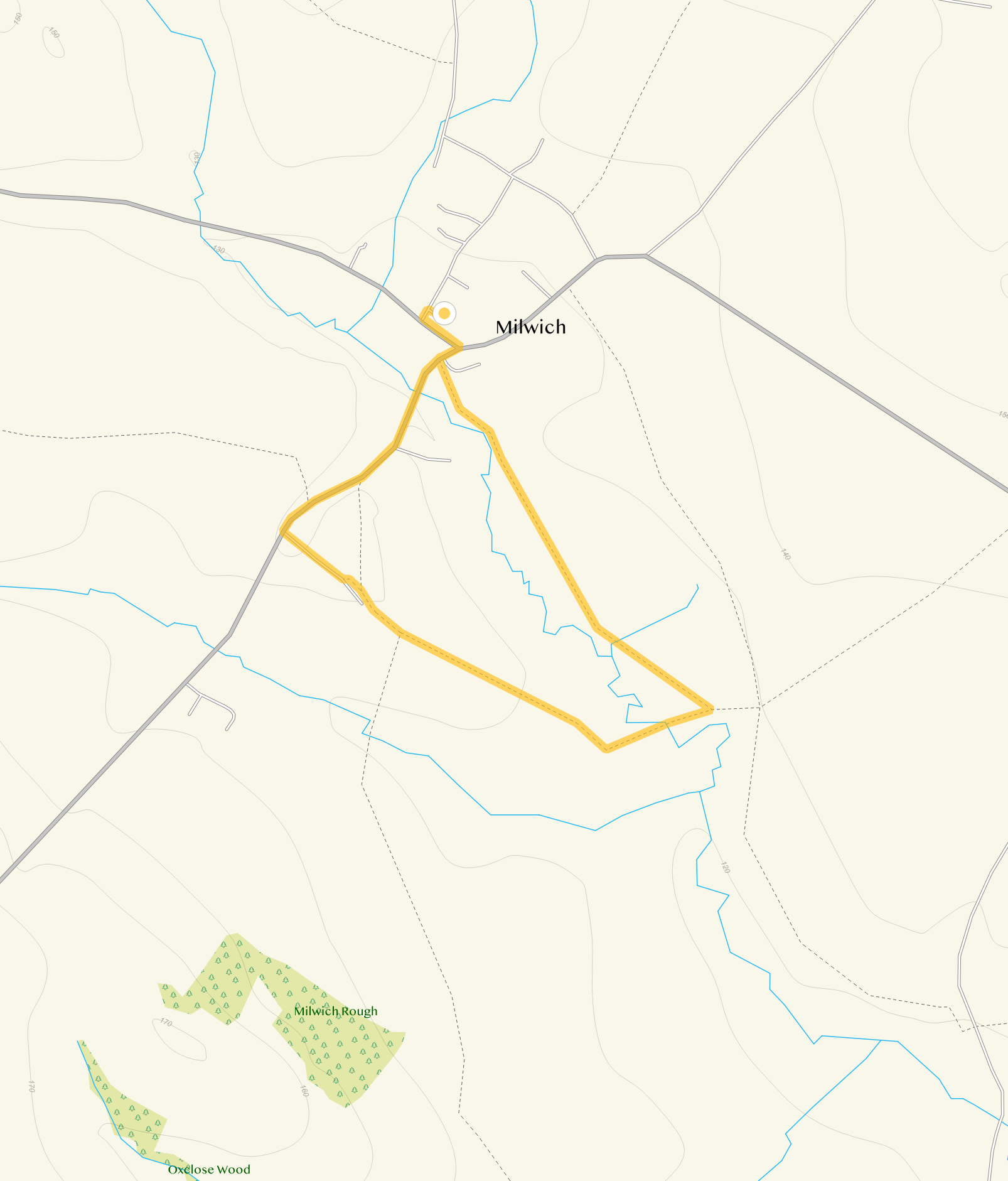 Route map for Milwich (NO WALKS) Walk 1, a 1 mile circular walk in Staffordshire