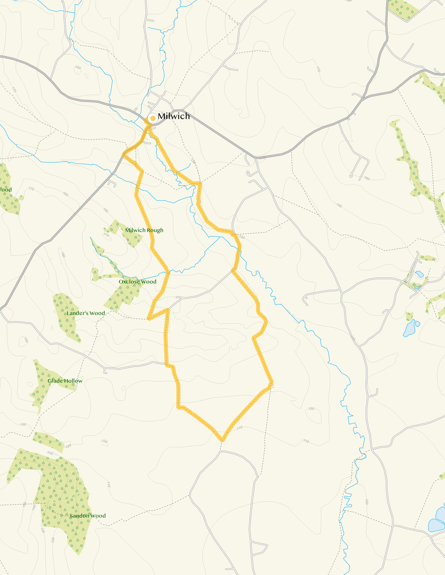 Route map for Milwich (NO WALKS) Walk 2, a 3.75 mile circular walk in Staffordshire