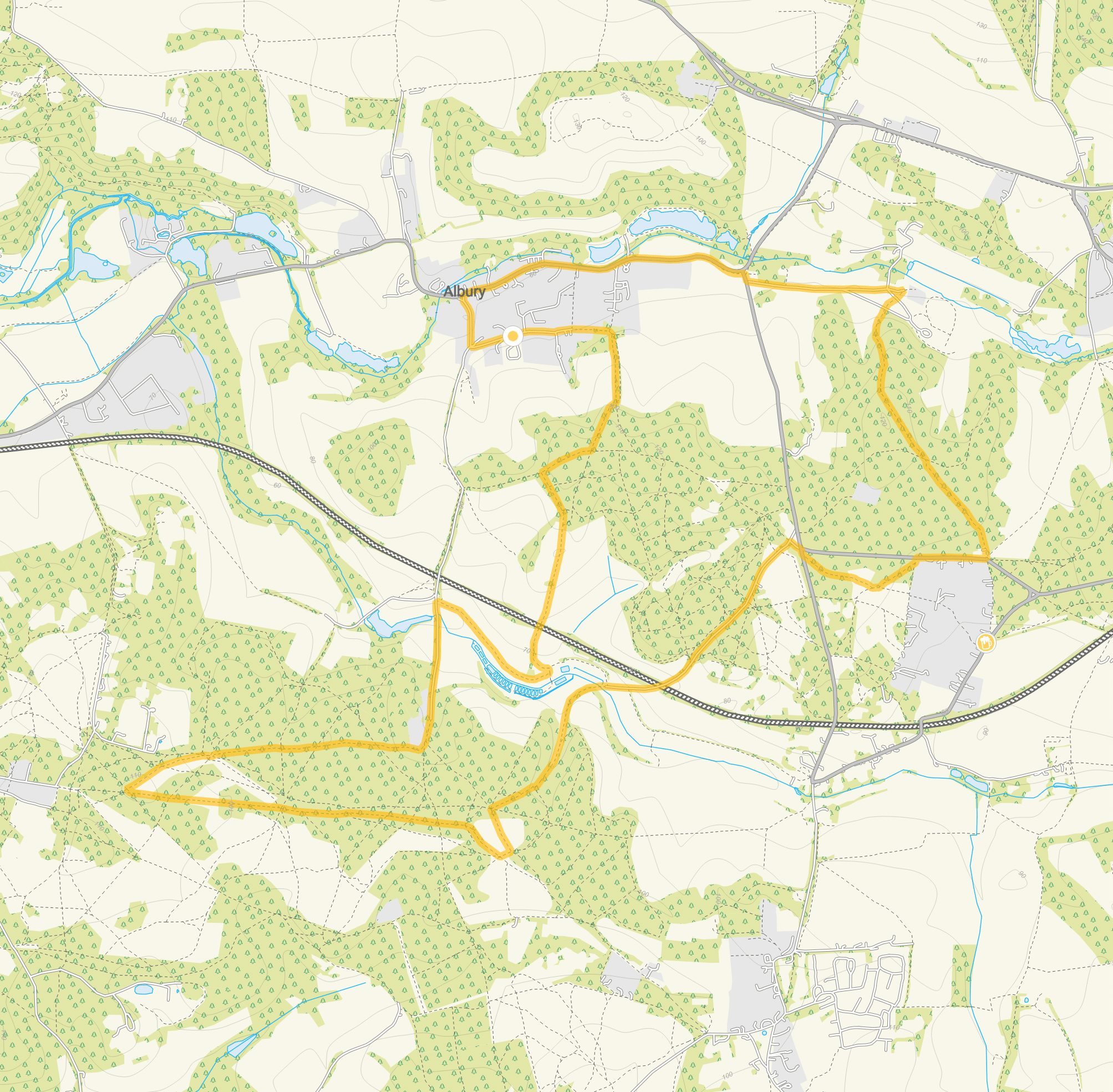Route map for Albury Walk 2, a 6.25 mile circular walk in Surrey
