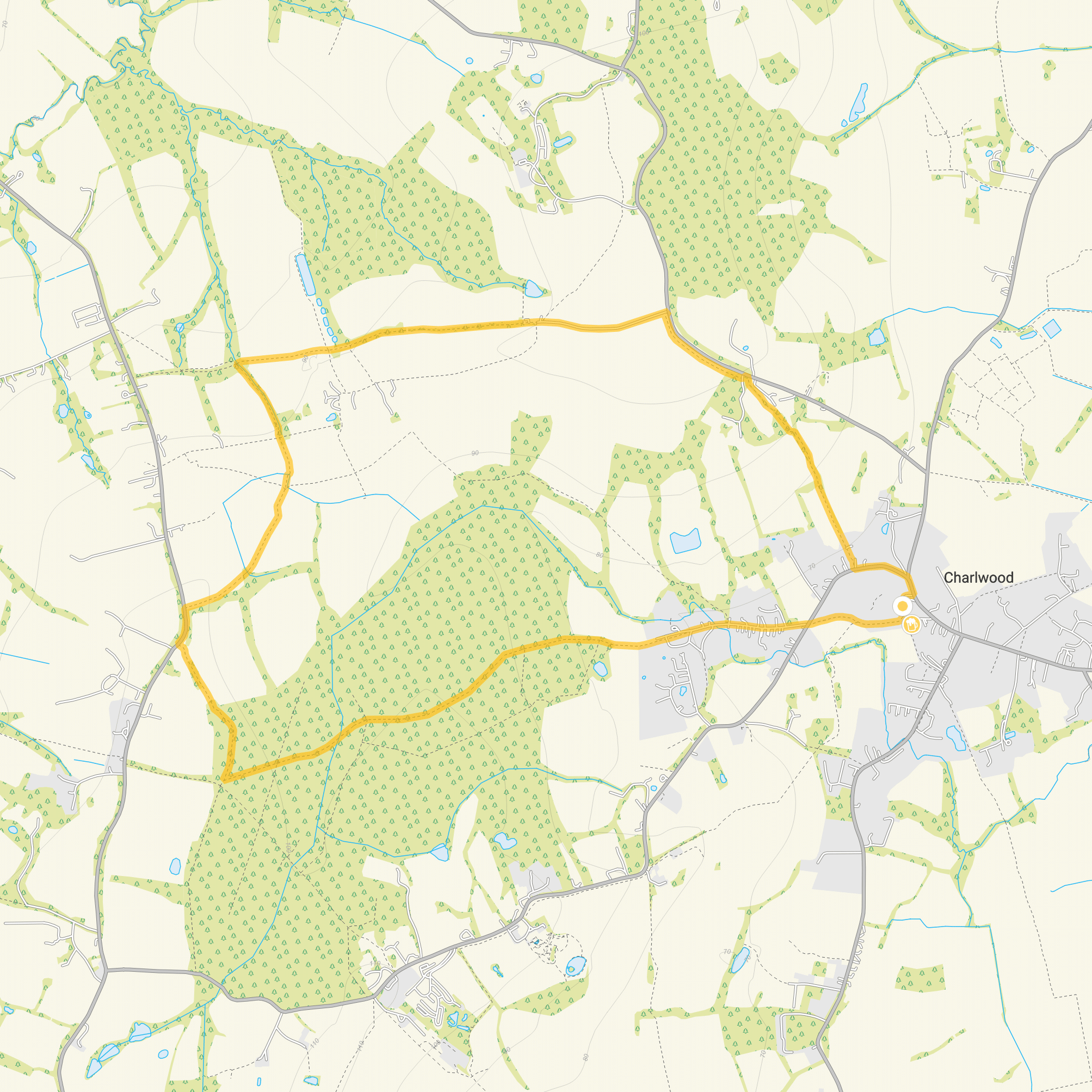 Route map for Charlwood Walk 1, a 3.5 mile circular walk in Surrey