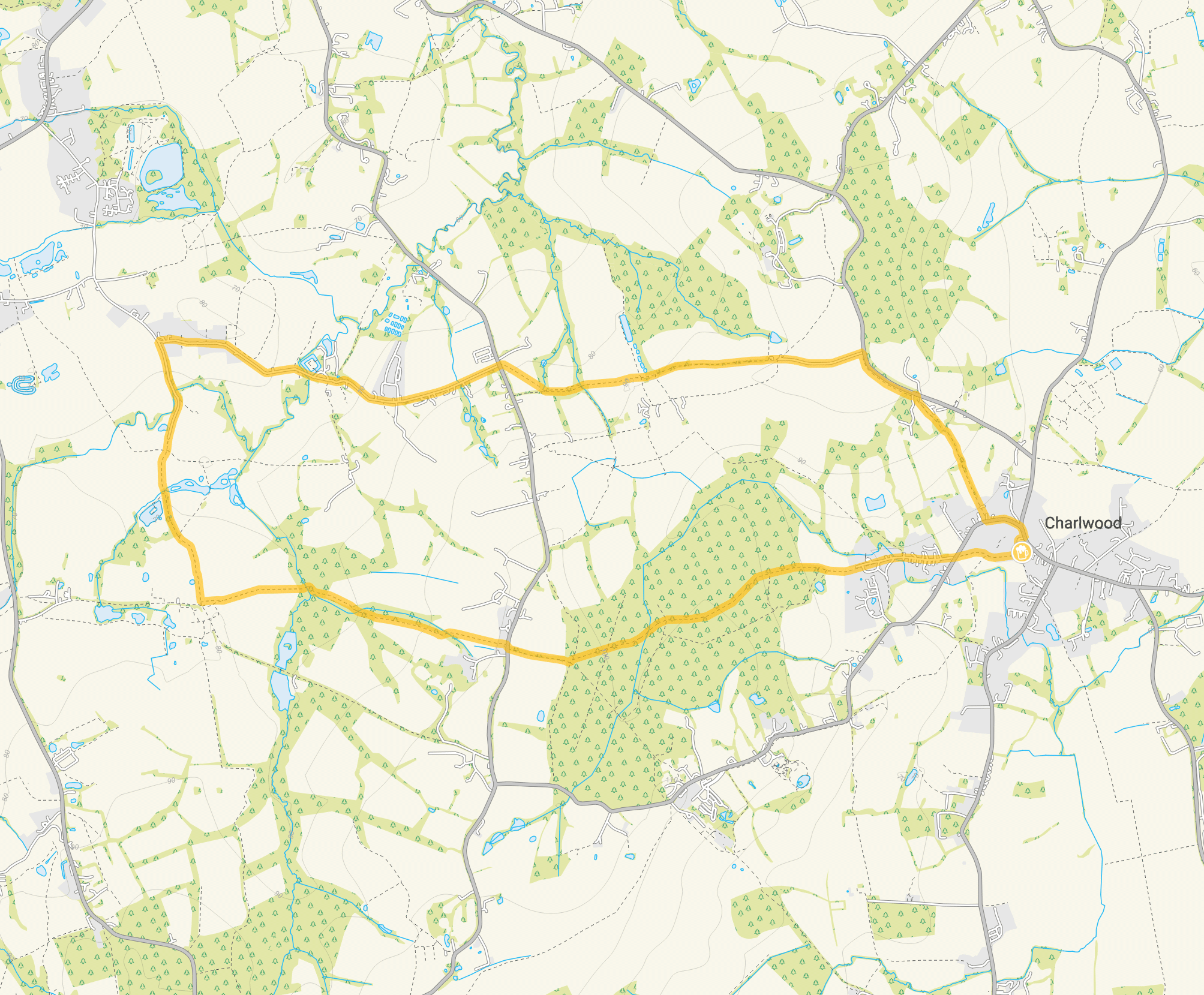 Route map for Charlwood Walk 2, a 5.75 mile circular walk in Surrey