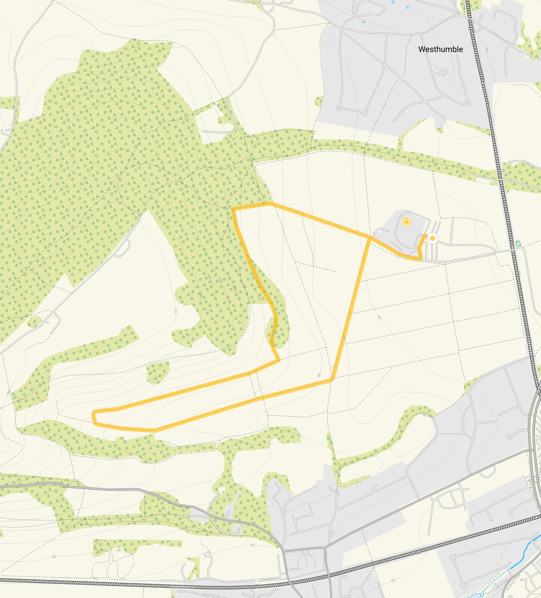 Route map for Denbies Wine Estate Walk 2, a 2.25 mile circular walk in Surrey