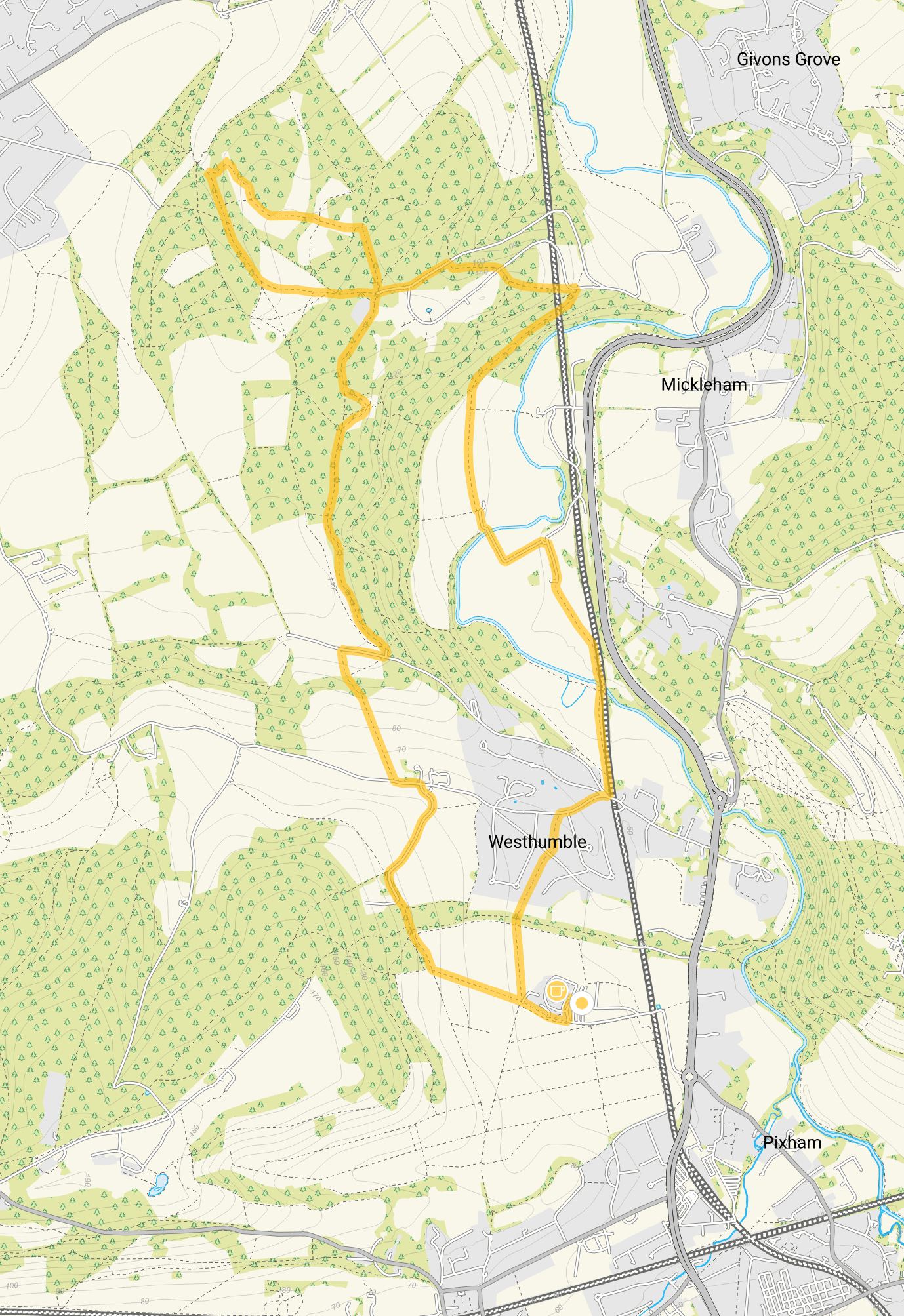 Route map for Denbies Wine Estate Walk 4, a 6.5 mile circular walk in Surrey