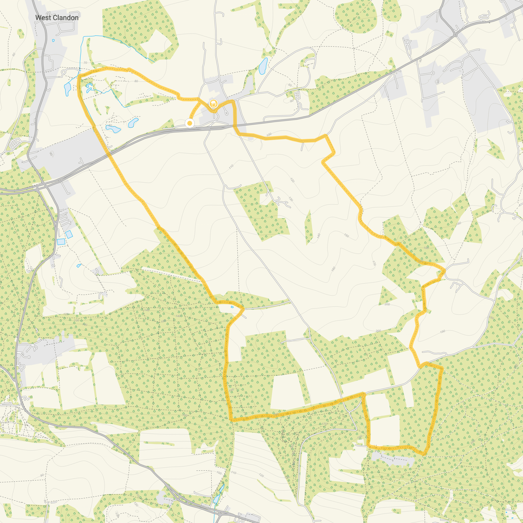 Route map for East Clandon Walk, a 7.25 mile circular walk in Surrey