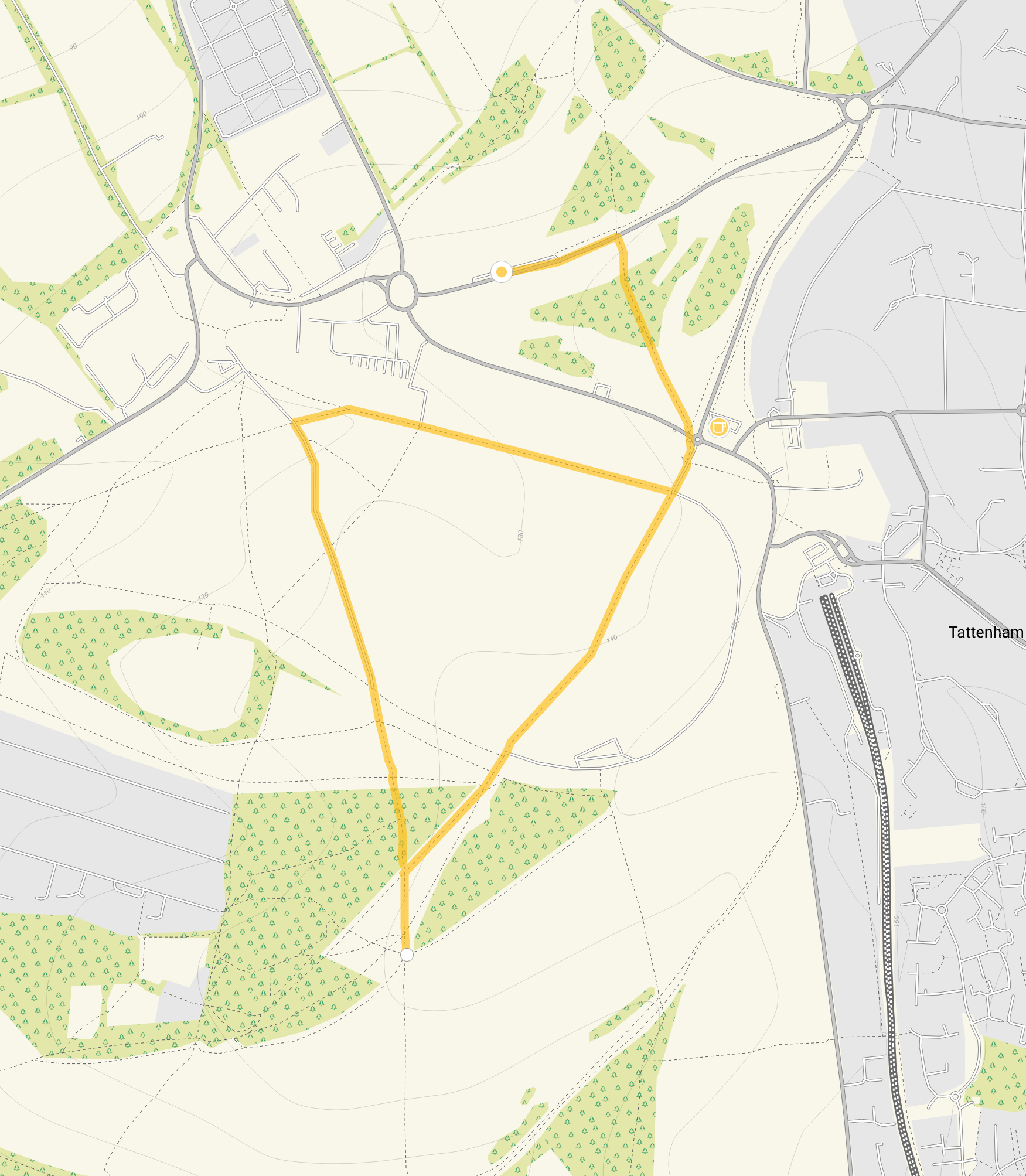 Route map for Epsom Downs Walk 1, a 2.5 mile circular walk in Surrey