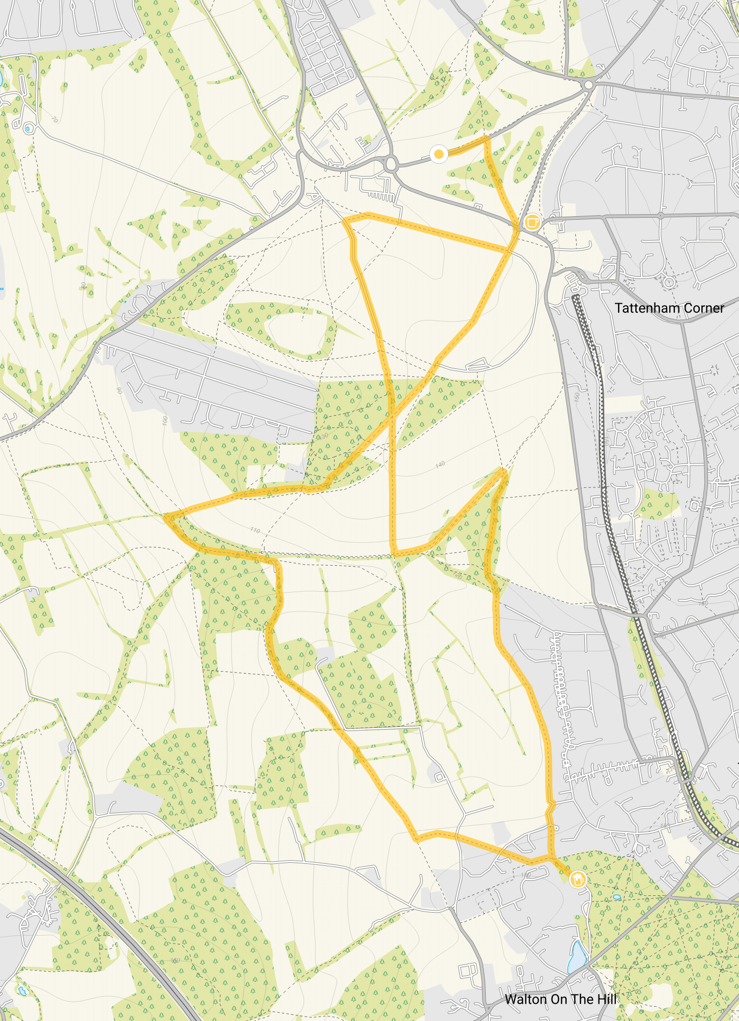 Route map for Epsom Downs Walk 3, a 6.5 mile circular walk in Surrey
