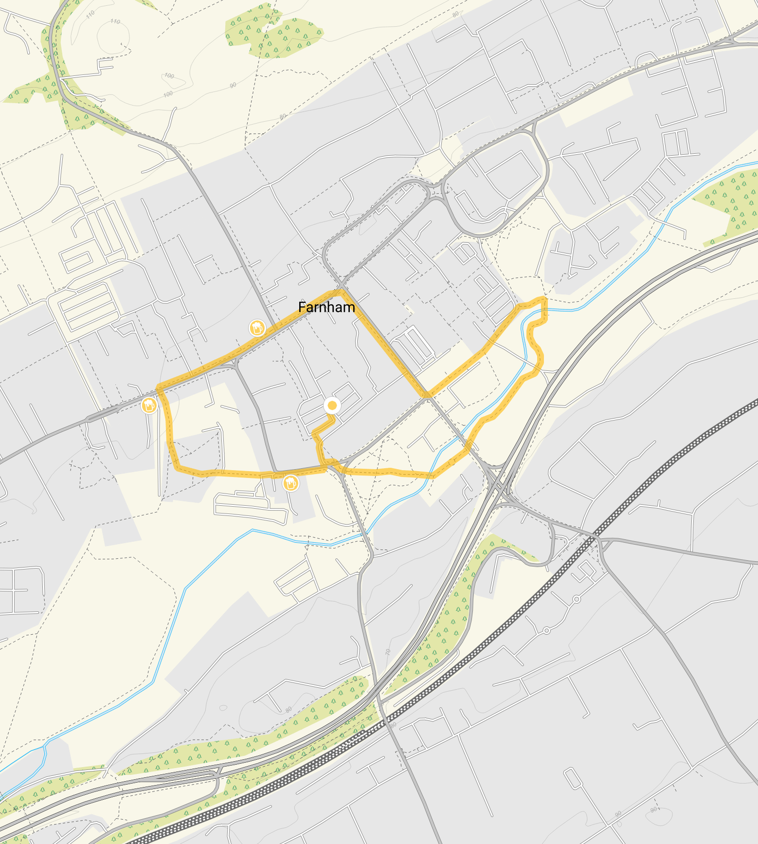 Route map for Farnham Walk 1, a 1 mile circular walk in Surrey