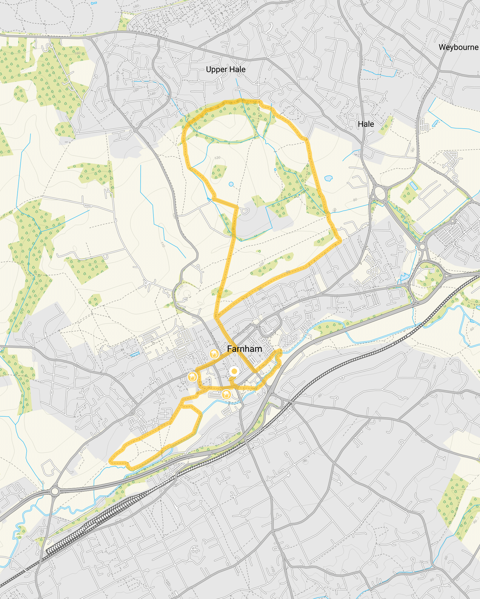 Route map for Farnham Walk 2, a 5.5 mile circular walk in Surrey