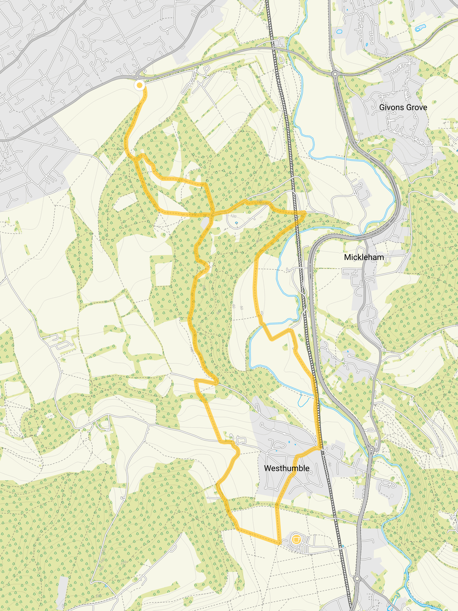 Route map for Fetcham Downs Walk 3, a 7 mile circular walk in Surrey
