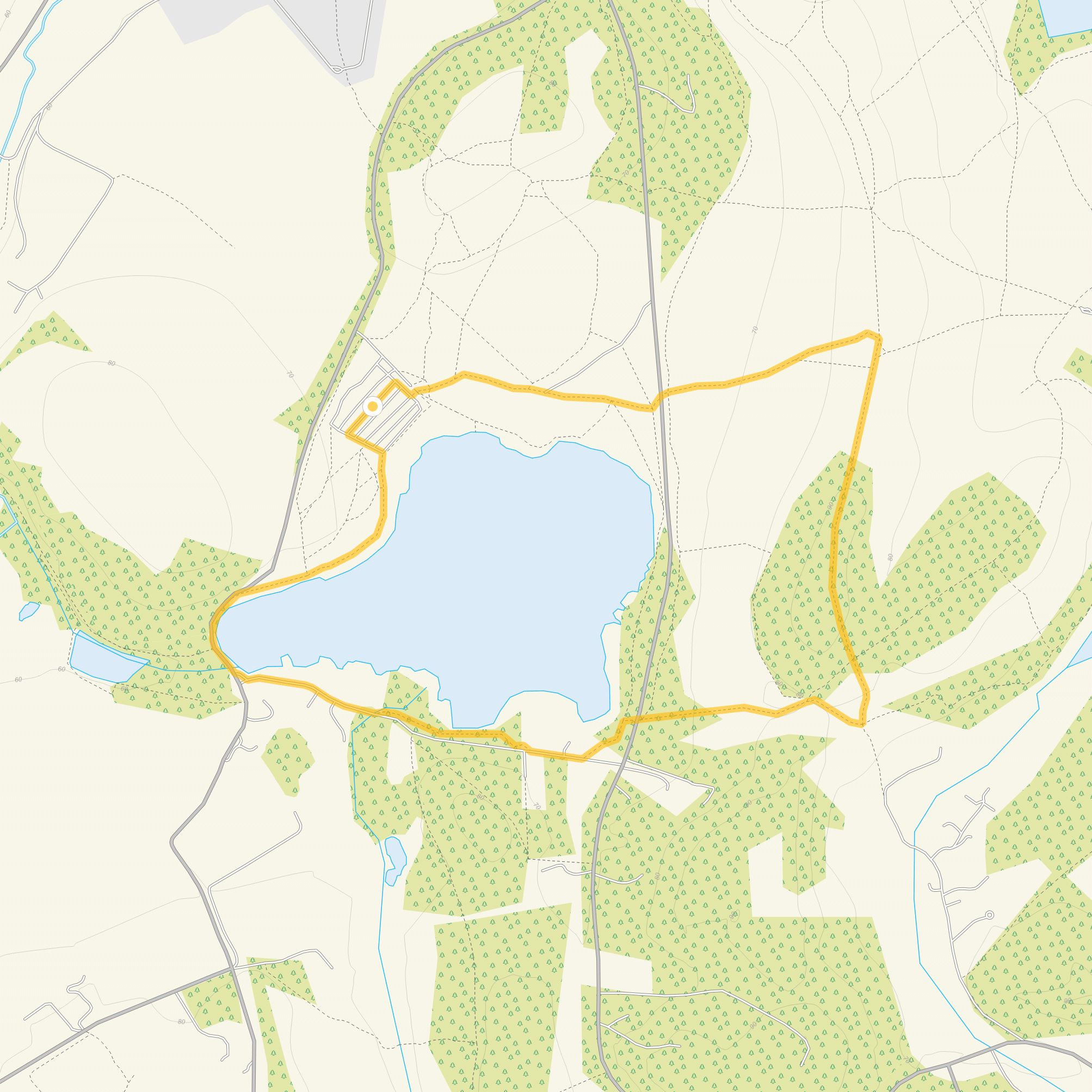 Route map for Frensham Great Pond Walk 1, a 2.5 mile circular walk in Surrey