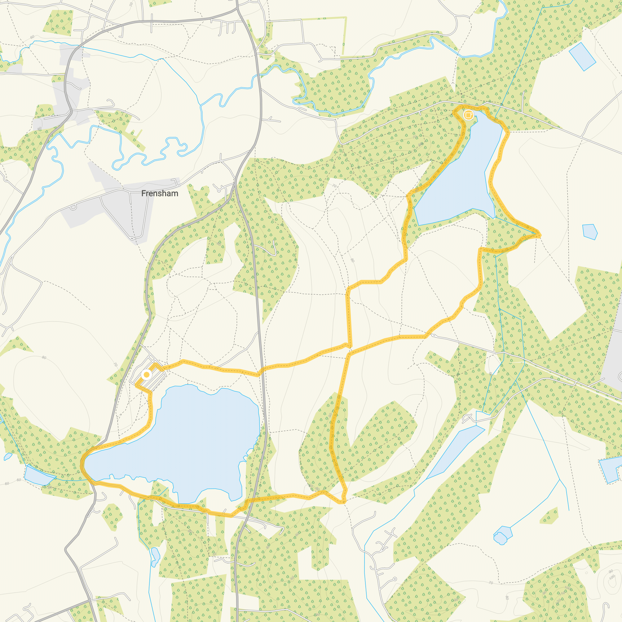 Route map for Frensham Great Pond Walk 2, a 4.75 mile circular walk in Surrey