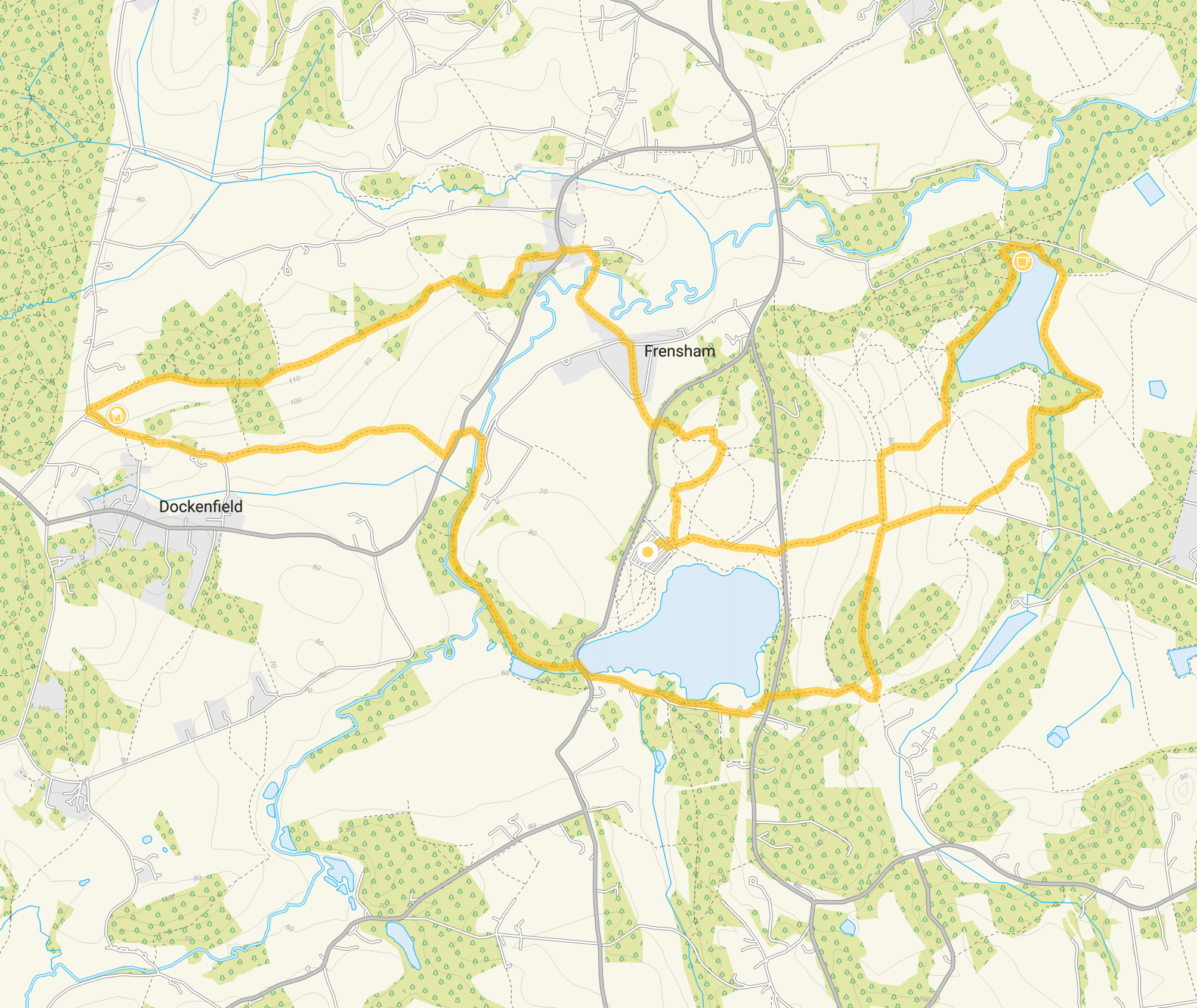Route map for Frensham Great Pond Walk 3, a 9 mile circular walk in Surrey