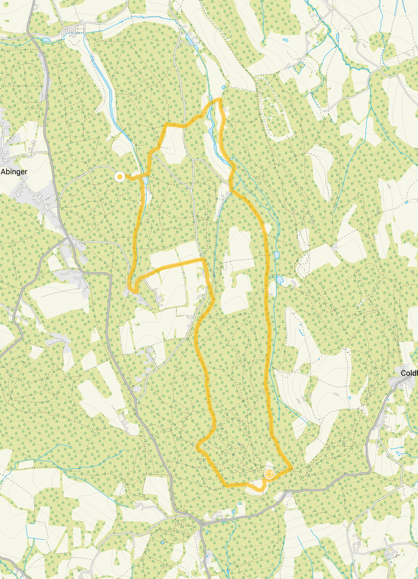 Route map for Friday Street Walk 2, a 6 mile circular walk in Surrey