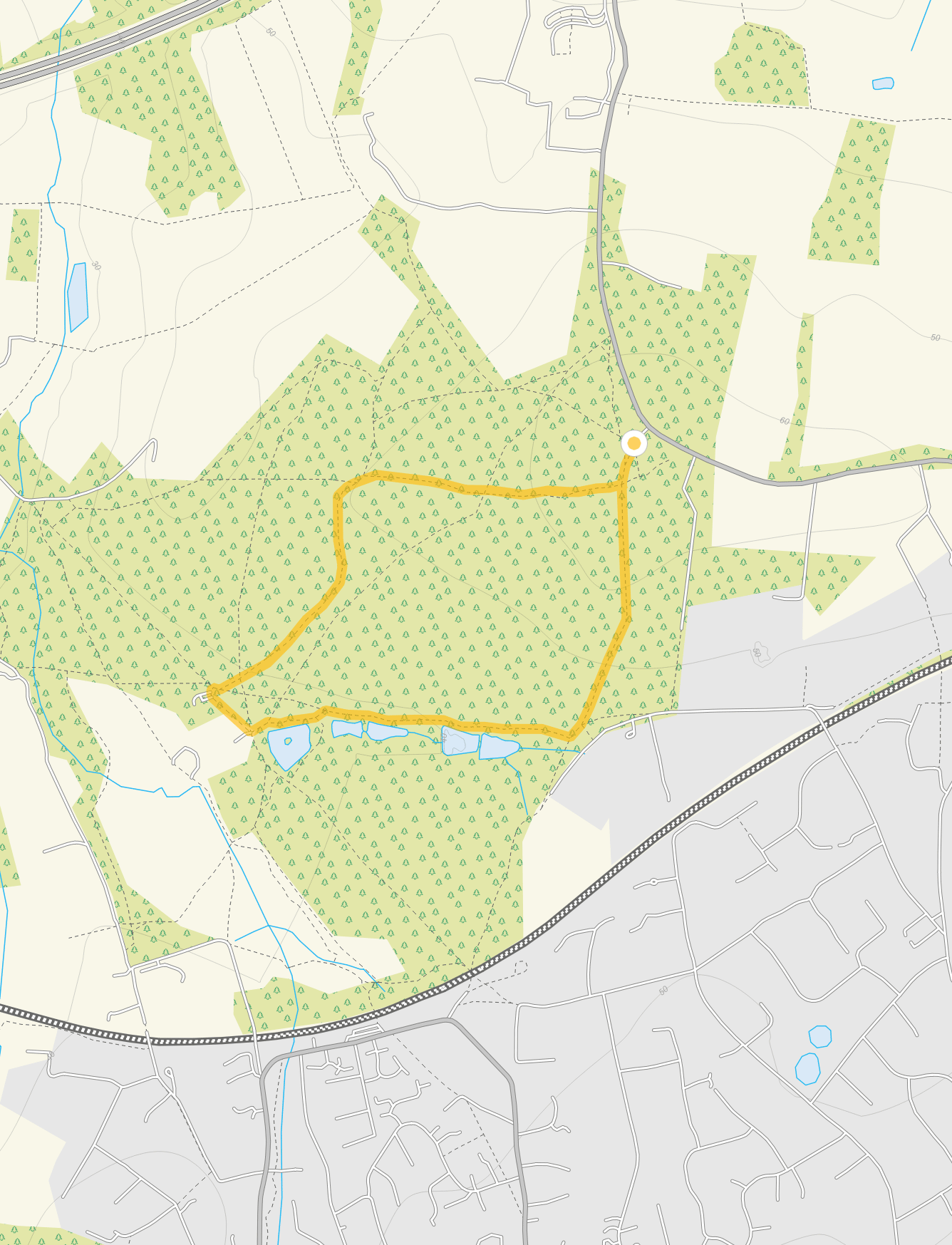 Route map for Great Bookham Common Walk, a 1.75 mile circular walk in Surrey