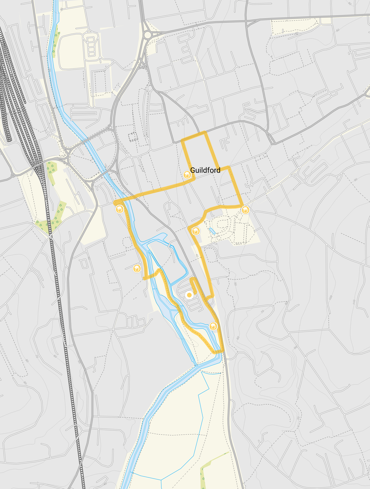 Route map for Guildford Walk 1, a 1.25 mile circular walk in Surrey