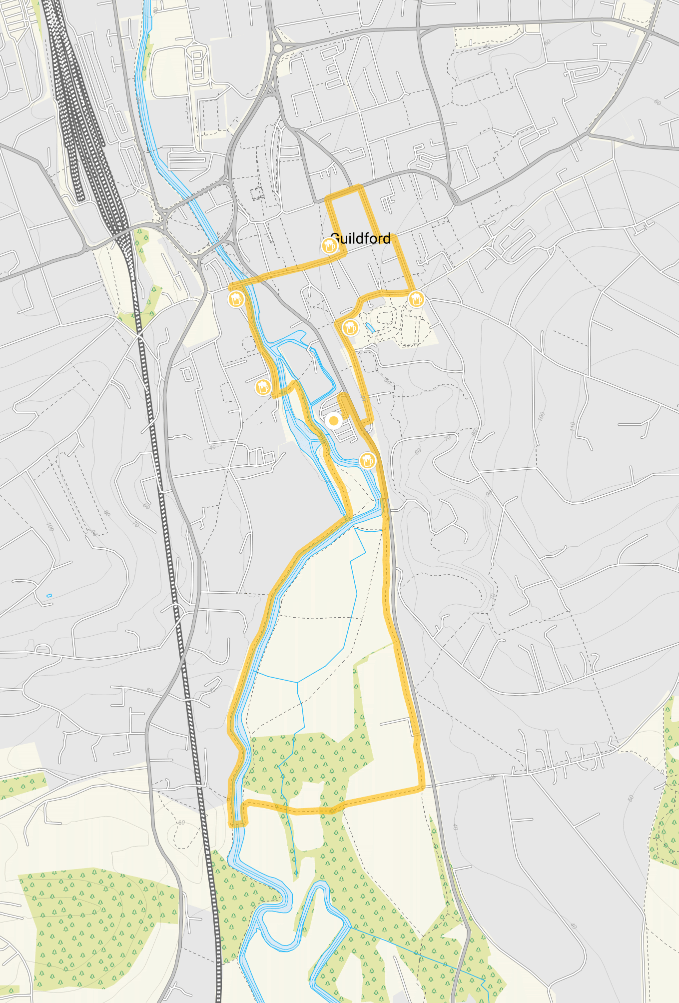 Route map for Guildford Walk 2, a 2.5 mile circular walk in Surrey