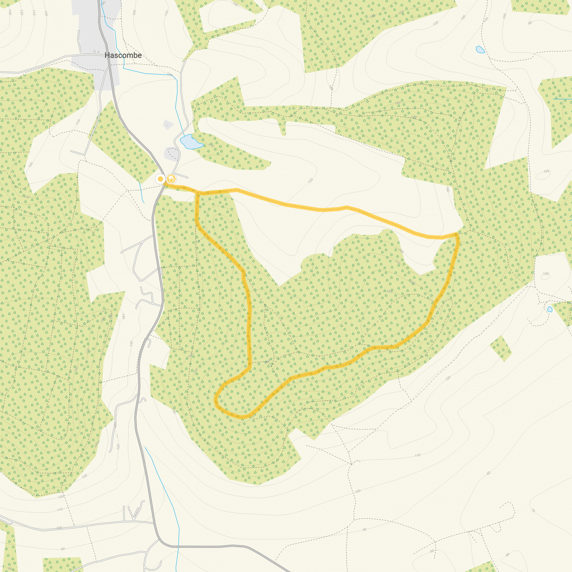 Route map for Hascombe Walk 1, a 2.25 mile circular walk in Surrey