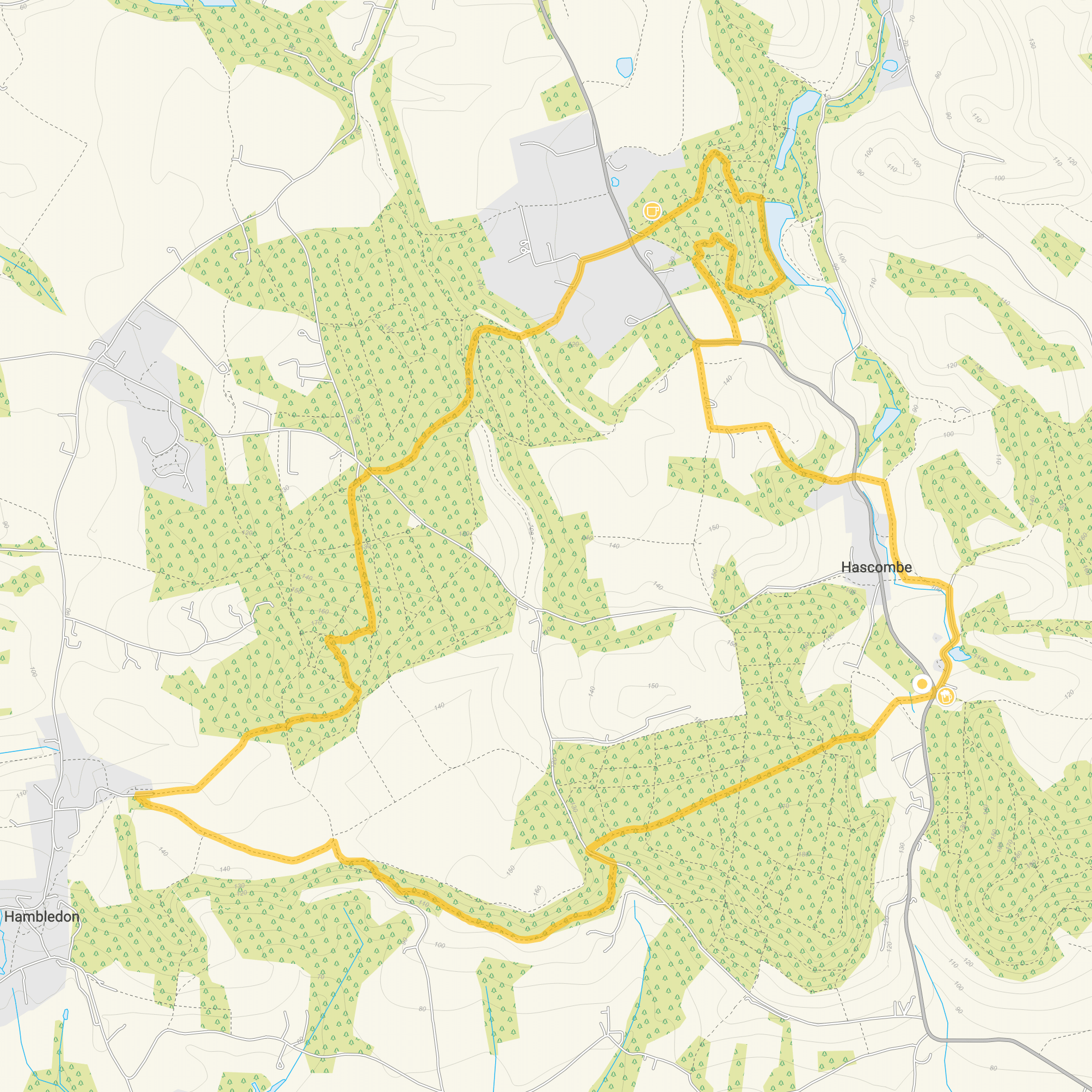 Route map for Hascombe Walk 3, a 7.5 mile circular walk in Surrey