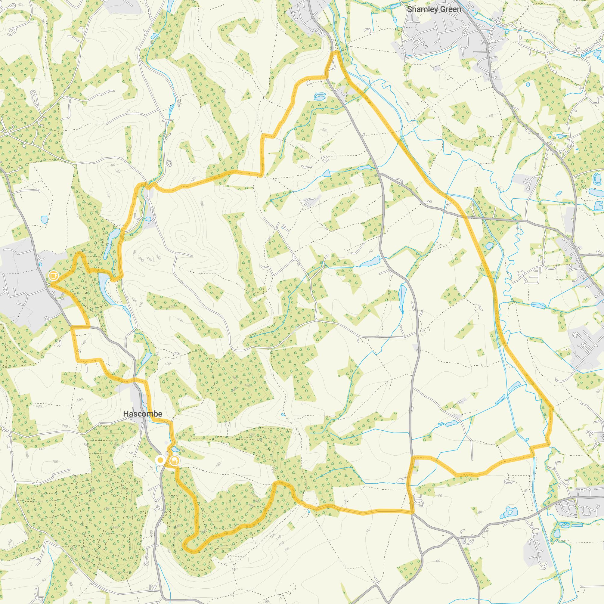 Route map for Hascombe Walk 4, an 11.5 mile circular walk in Surrey