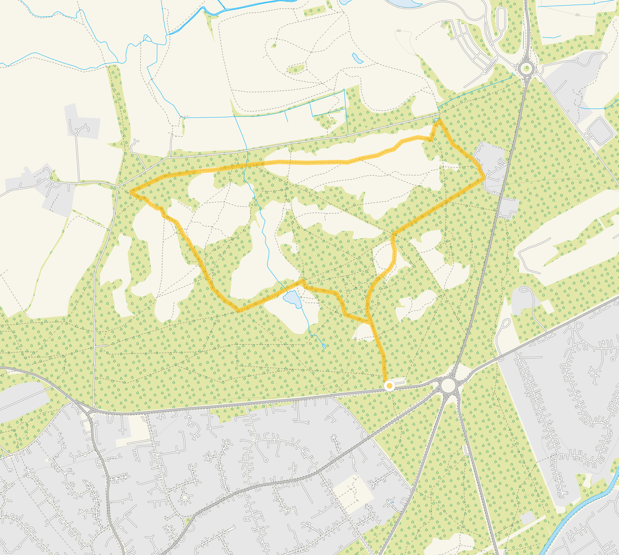 Route map for Horsell Common Walk 1, a 2.25 mile circular walk in Surrey