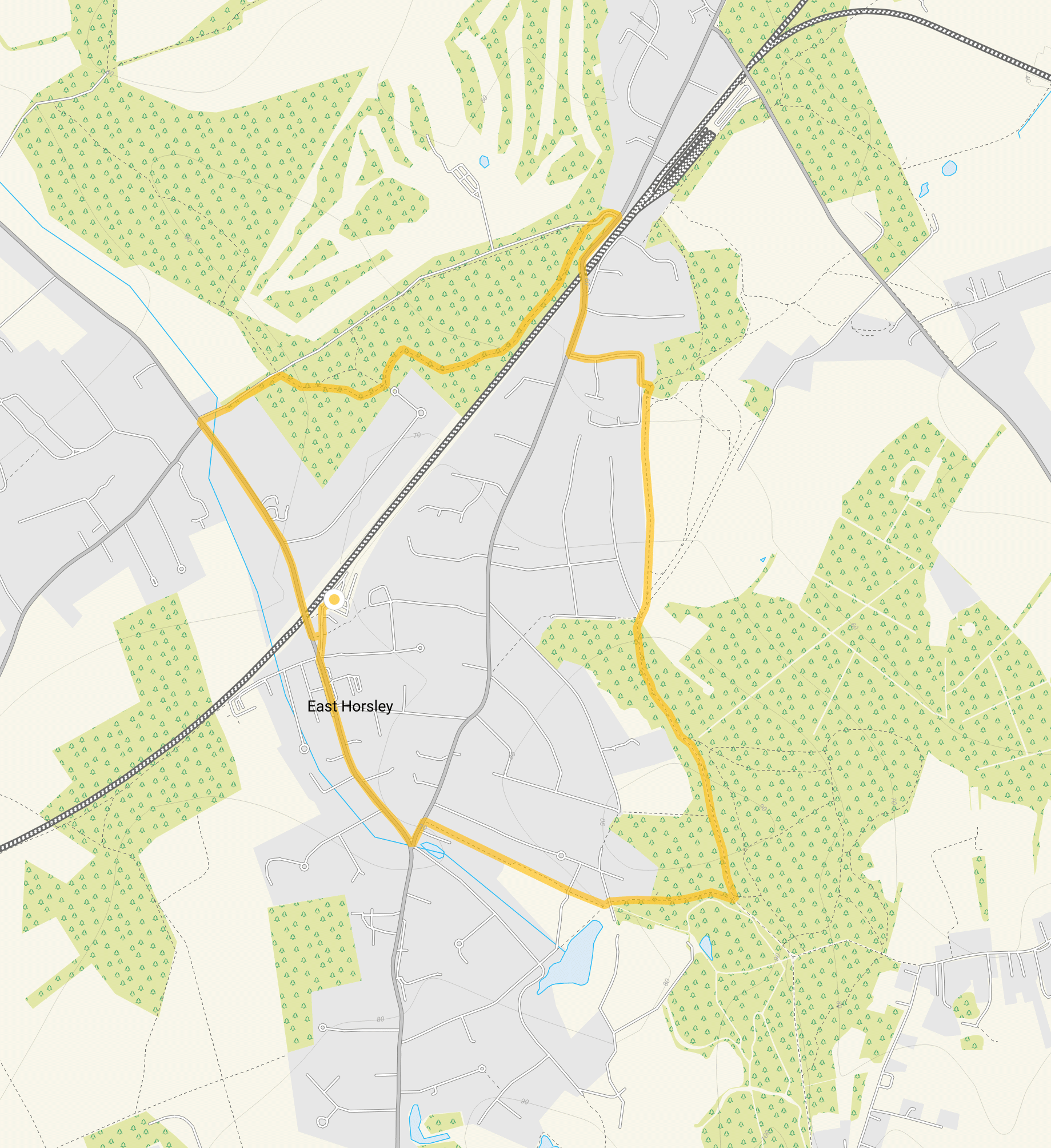 Route map for Horsley Walk 1, a 3.75 mile circular walk in Surrey