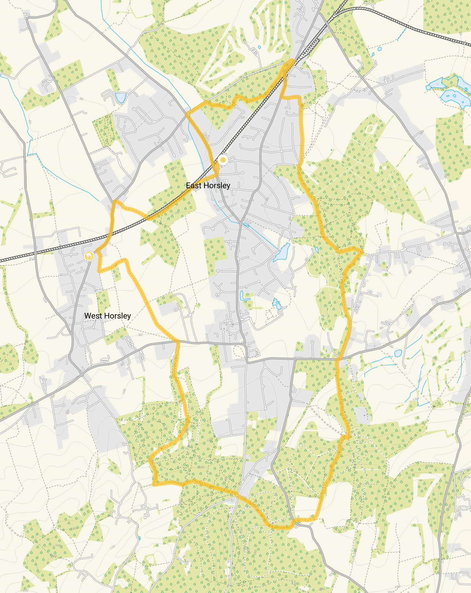Route map for Horsley Walk 2, a 9 mile circular walk in Surrey