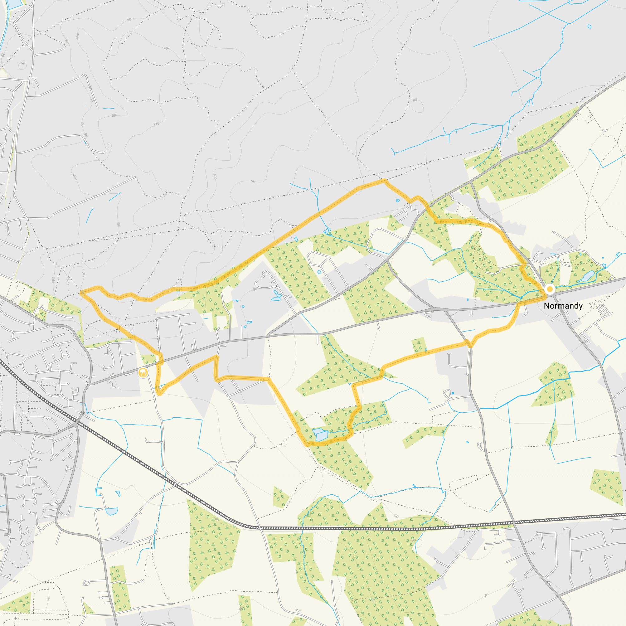 Route map for Normandy Walk, a 4.5 mile circular walk in Surrey