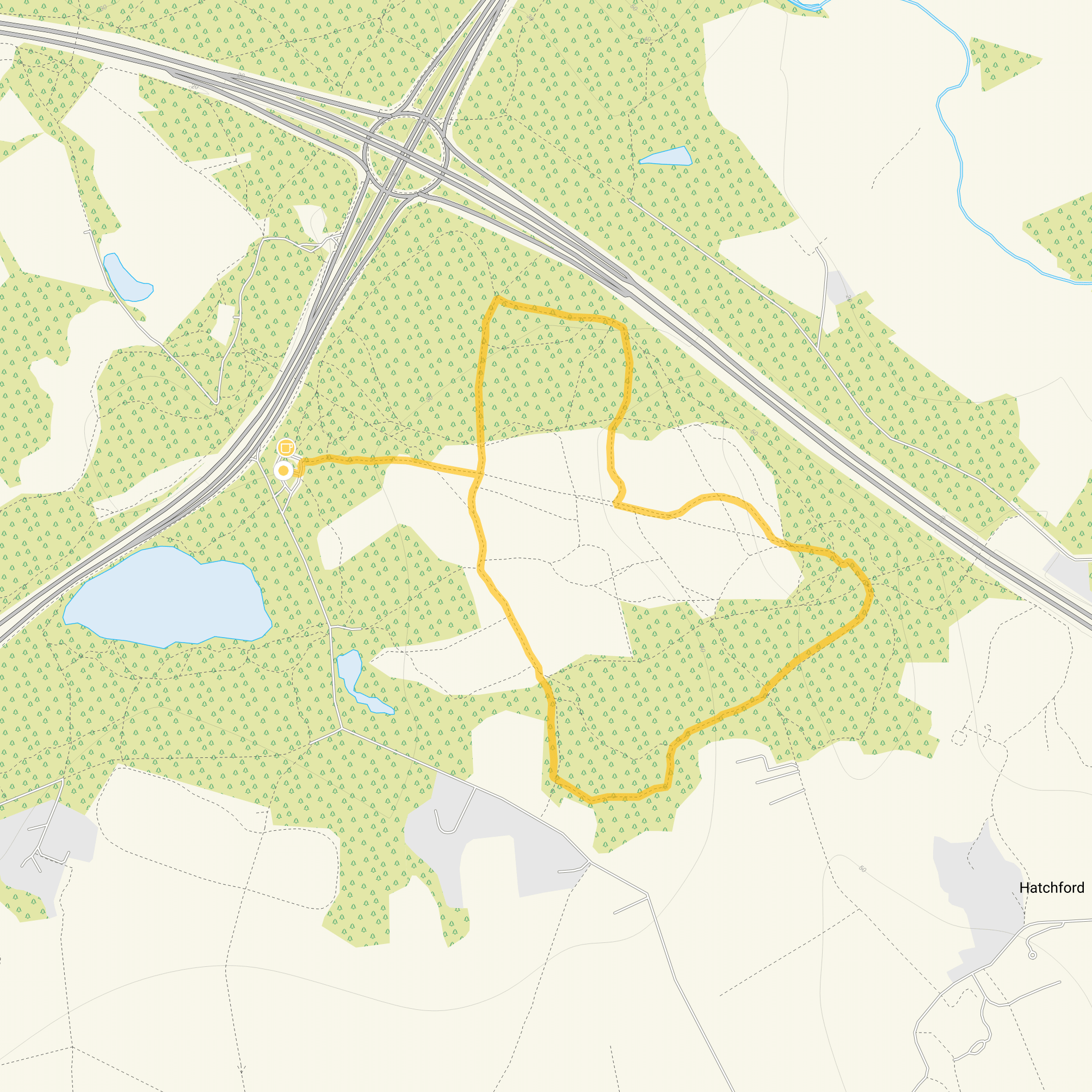 Route map for Ockham Common Walk 1, a 2.25 mile circular walk in Surrey