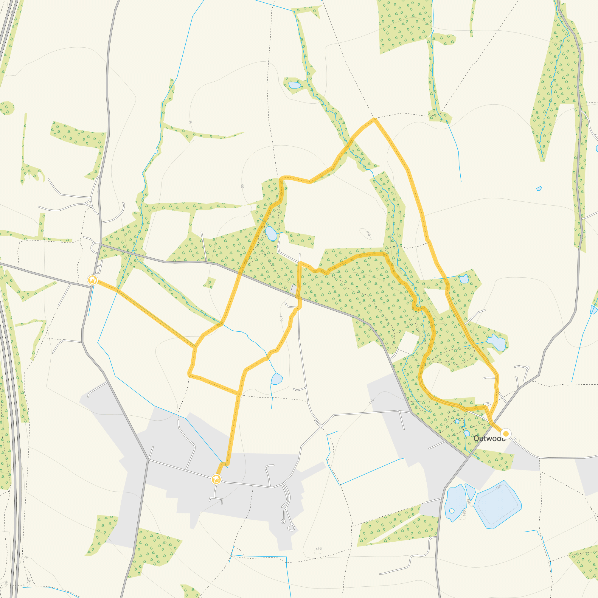 Route map for Outwood Common Walk 1, a 2.75 mile circular walk in Surrey