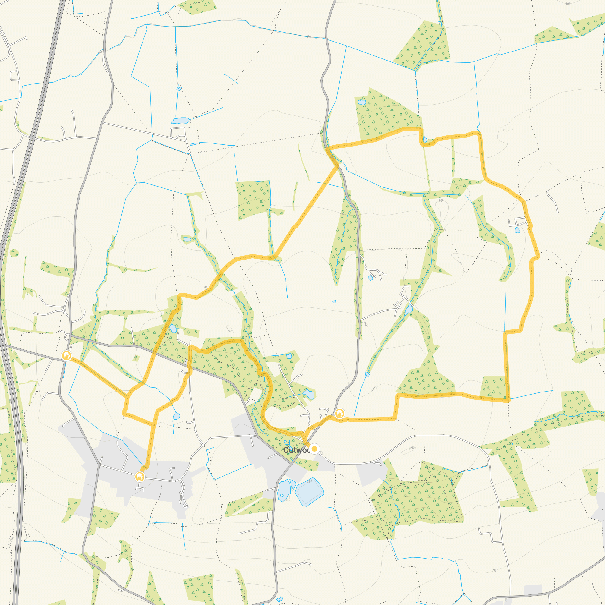 Route map for Outwood Common Walk 2, a 5.5 mile circular walk in Surrey