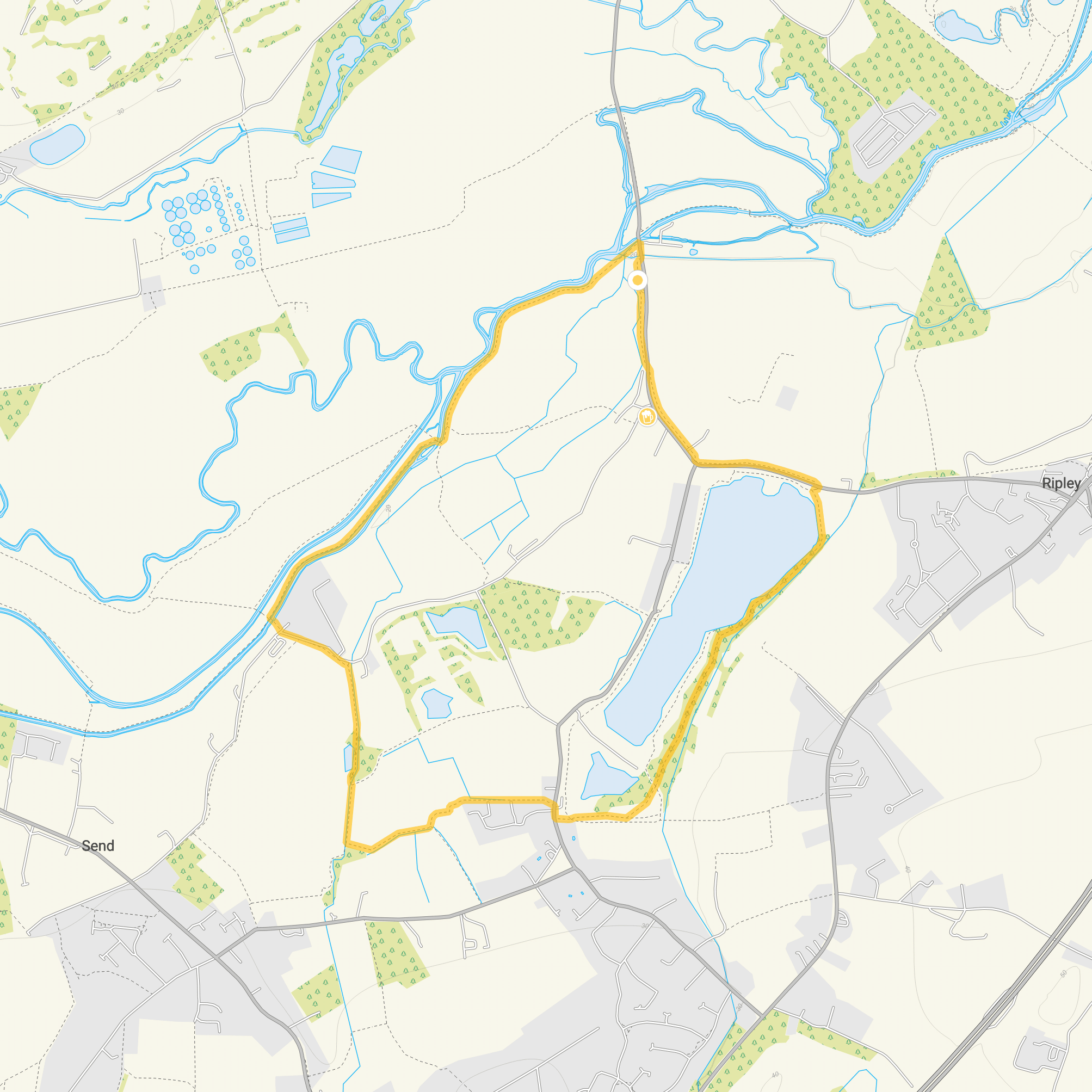 Route map for Papercourt Lake Walk 1, a 3.25 mile circular walk in Surrey