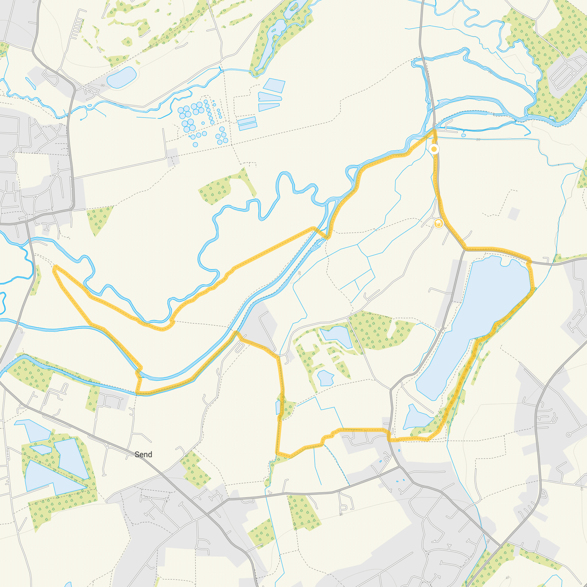 Route map for Papercourt Lake Walk 2, a 4.75 mile circular walk in Surrey