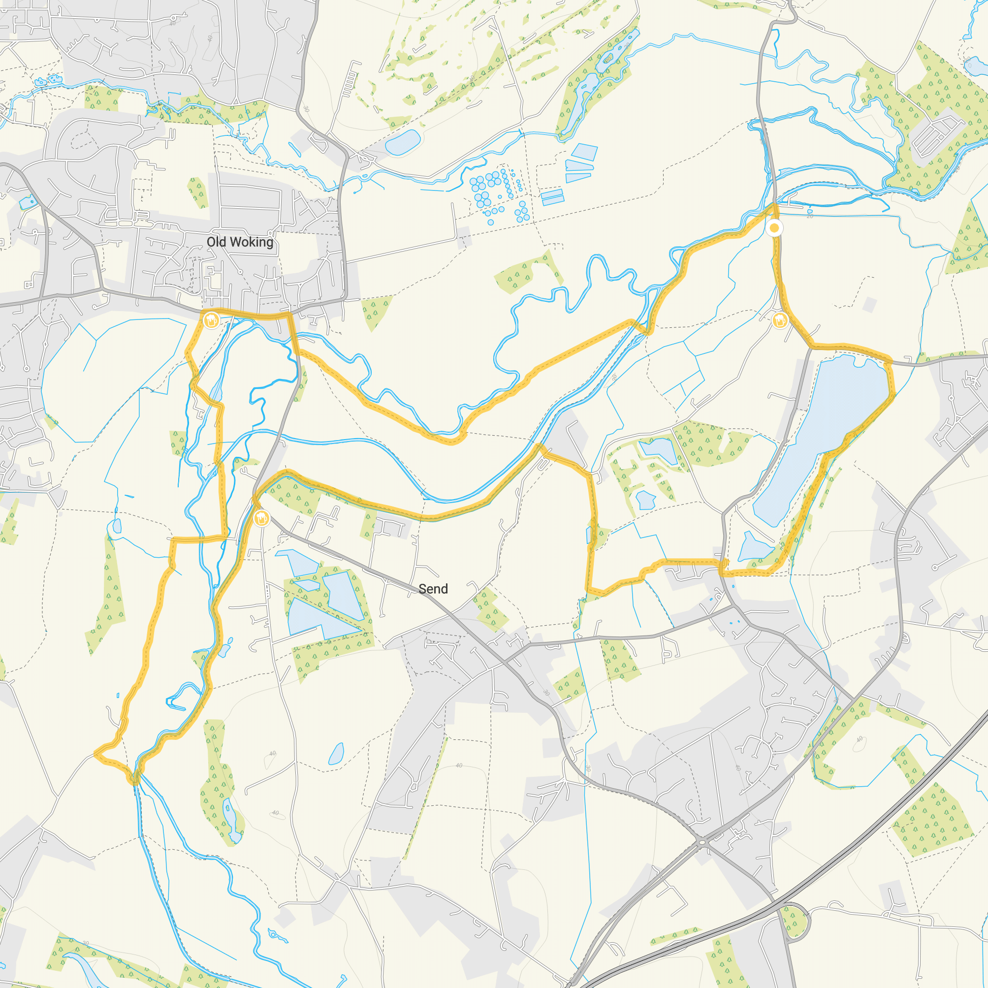 Route map for Papercourt Lake Walk 3, a 7.75 mile circular walk in Surrey