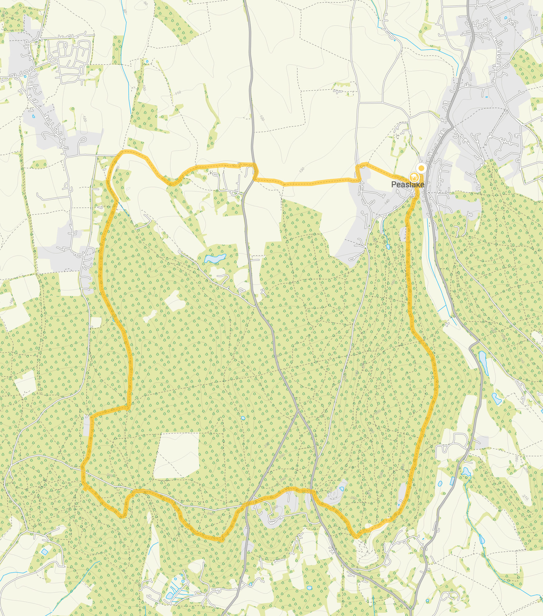 Route map for Peaslake Walk 2, a 6.75 mile circular walk in Surrey