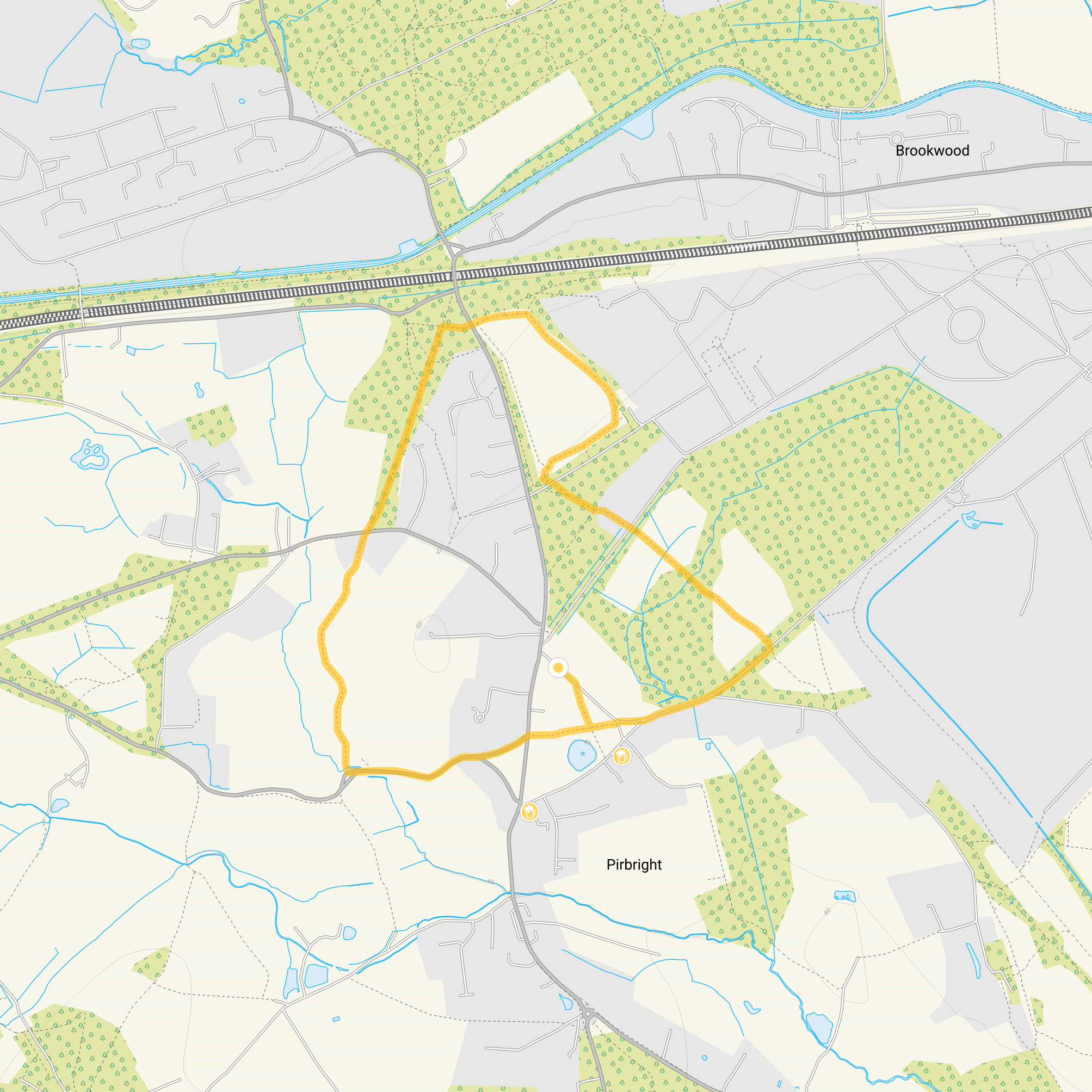 Route map for Pirbright Walk 1, a 2 mile circular walk in Surrey