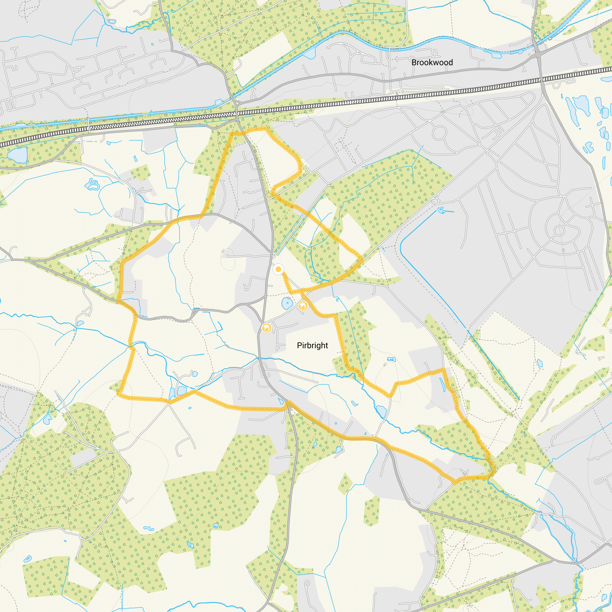 Route map for Pirbright Walk 2, a 4.5 mile circular walk in Surrey