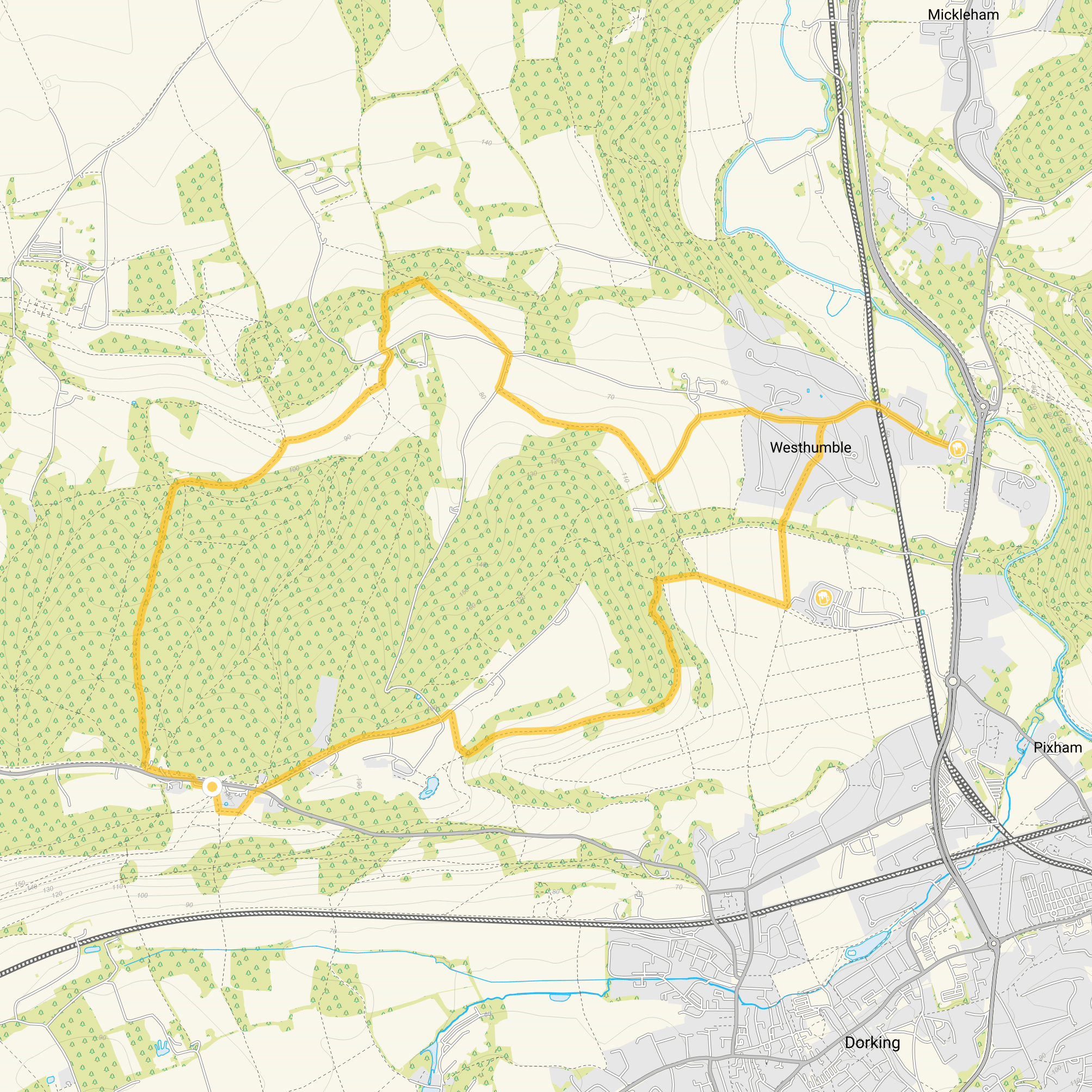 Route map for Ranmore Common Walk 3, a 6.25 mile circular walk in Surrey
