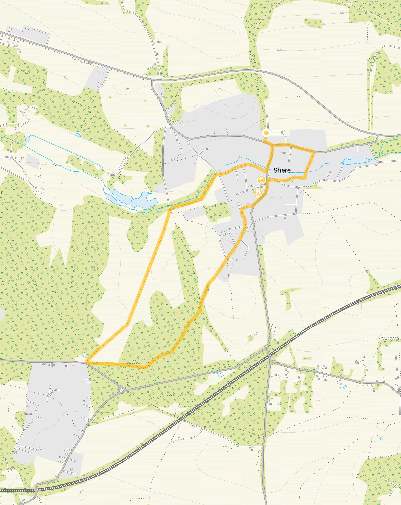 Route map for Shere Walk 1, a 2 mile circular walk in Surrey
