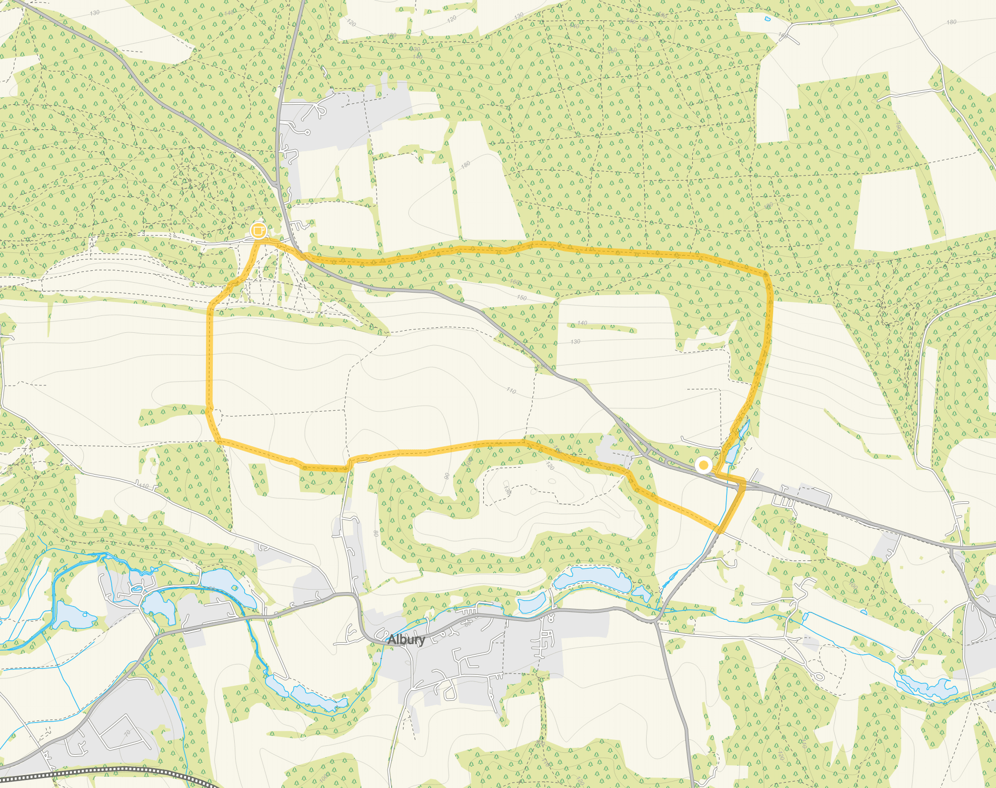 Route map for Silent Pool Walk 1, a 3.5 mile circular walk in Surrey