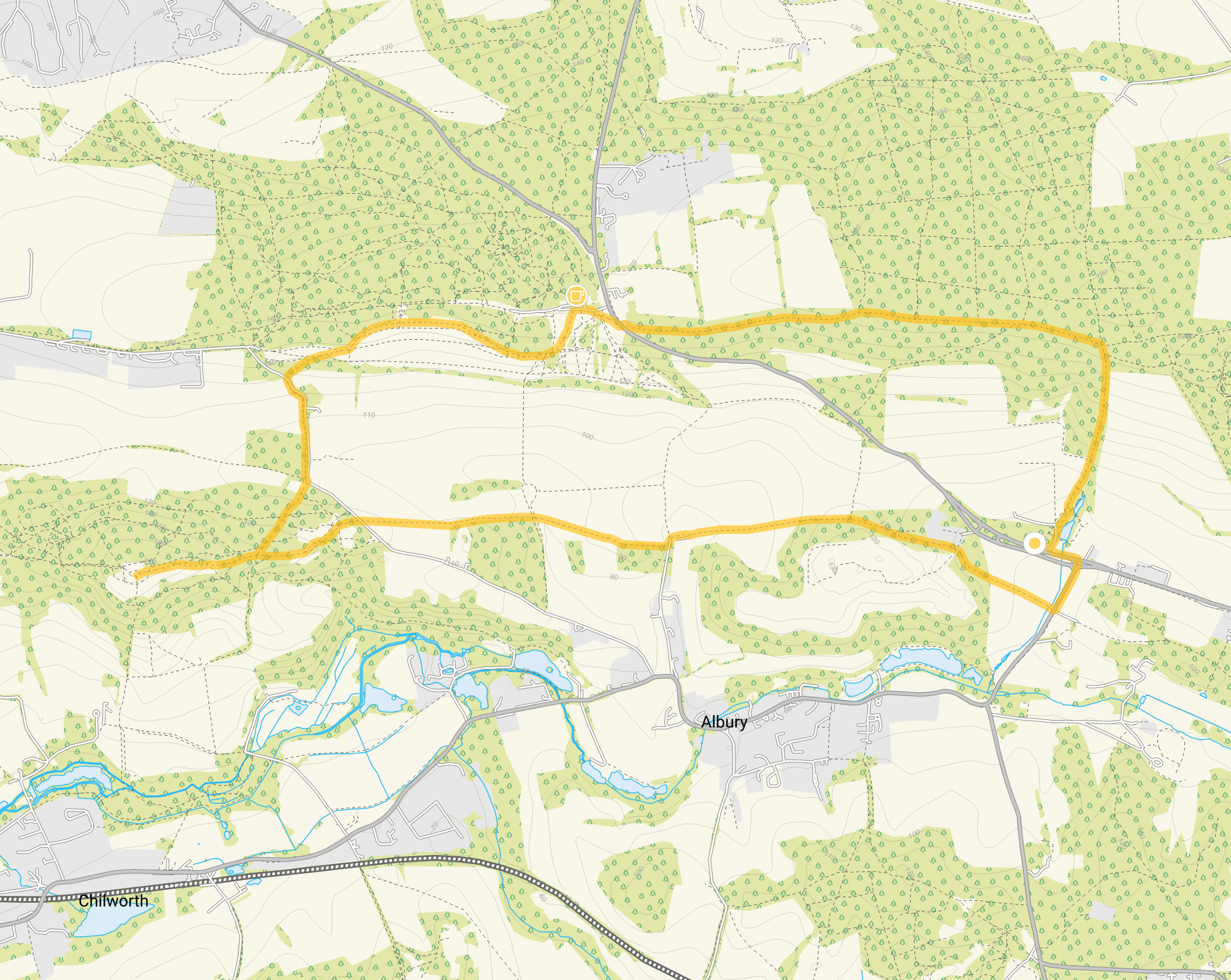 Route map for Silent Pool Walk 2, a 5.25 mile circular walk in Surrey