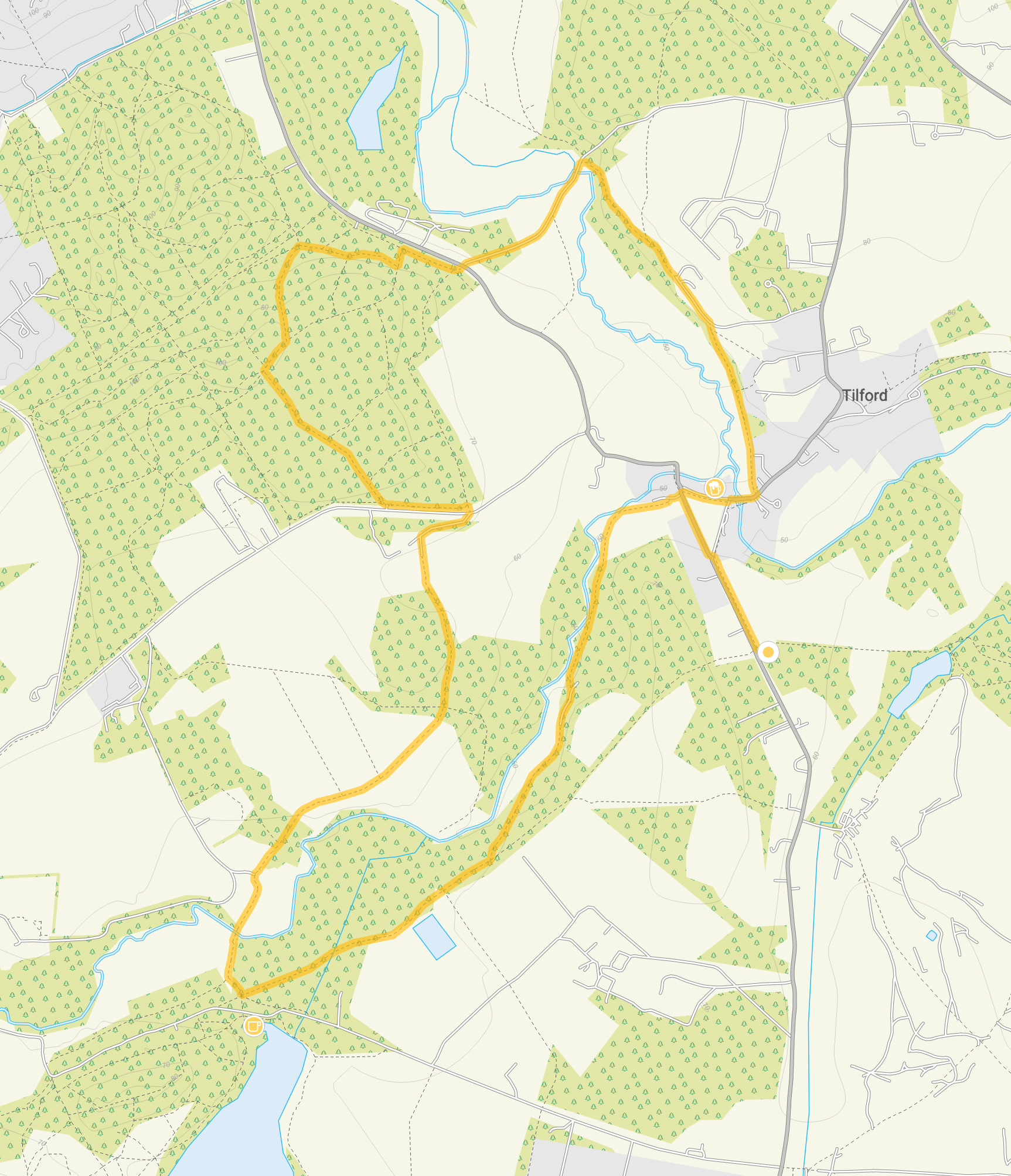 Route map for Tilford Walk 2, a 5.5 mile circular walk in Surrey