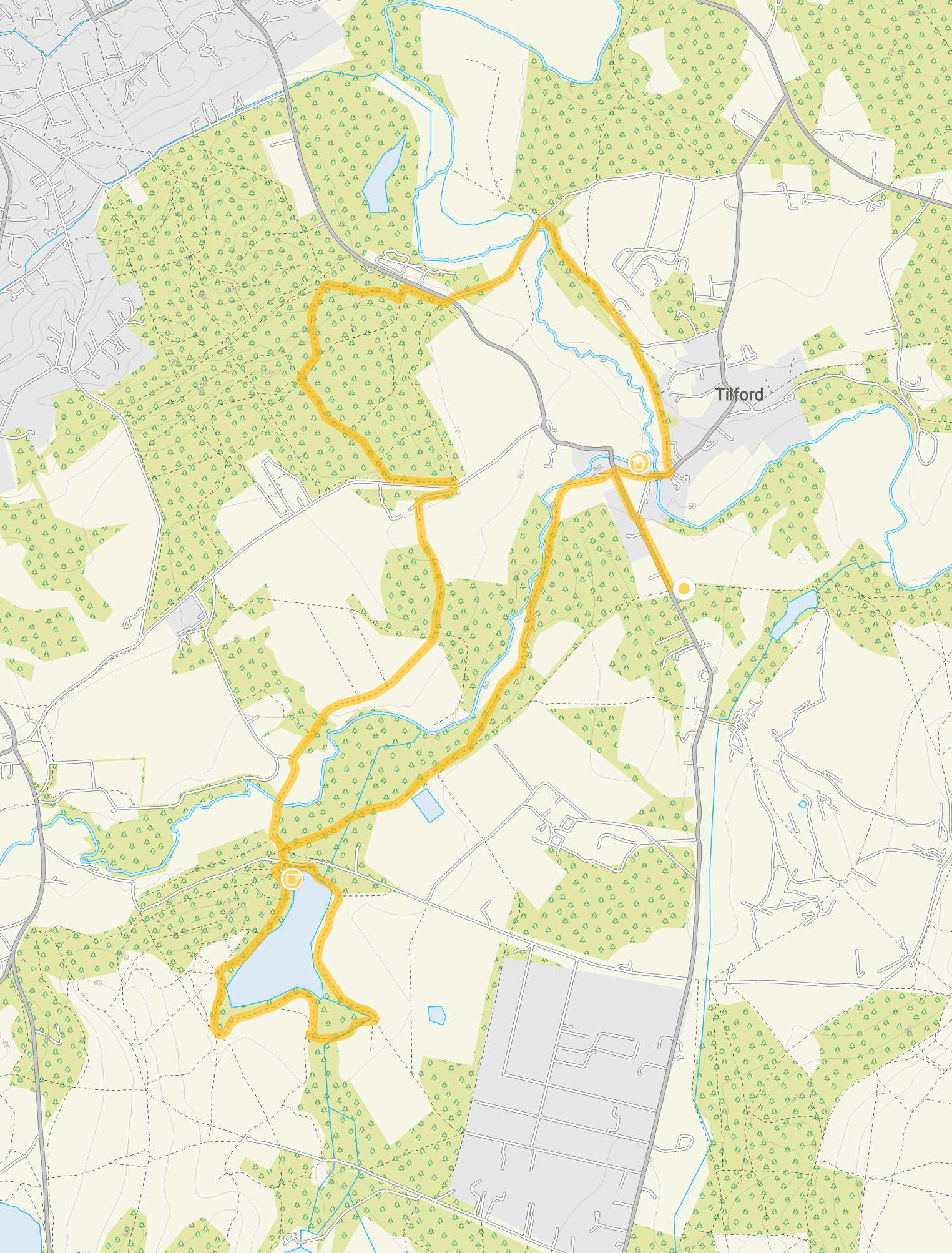 Route map for Tilford Walk 3, a 7.25 mile circular walk in Surrey