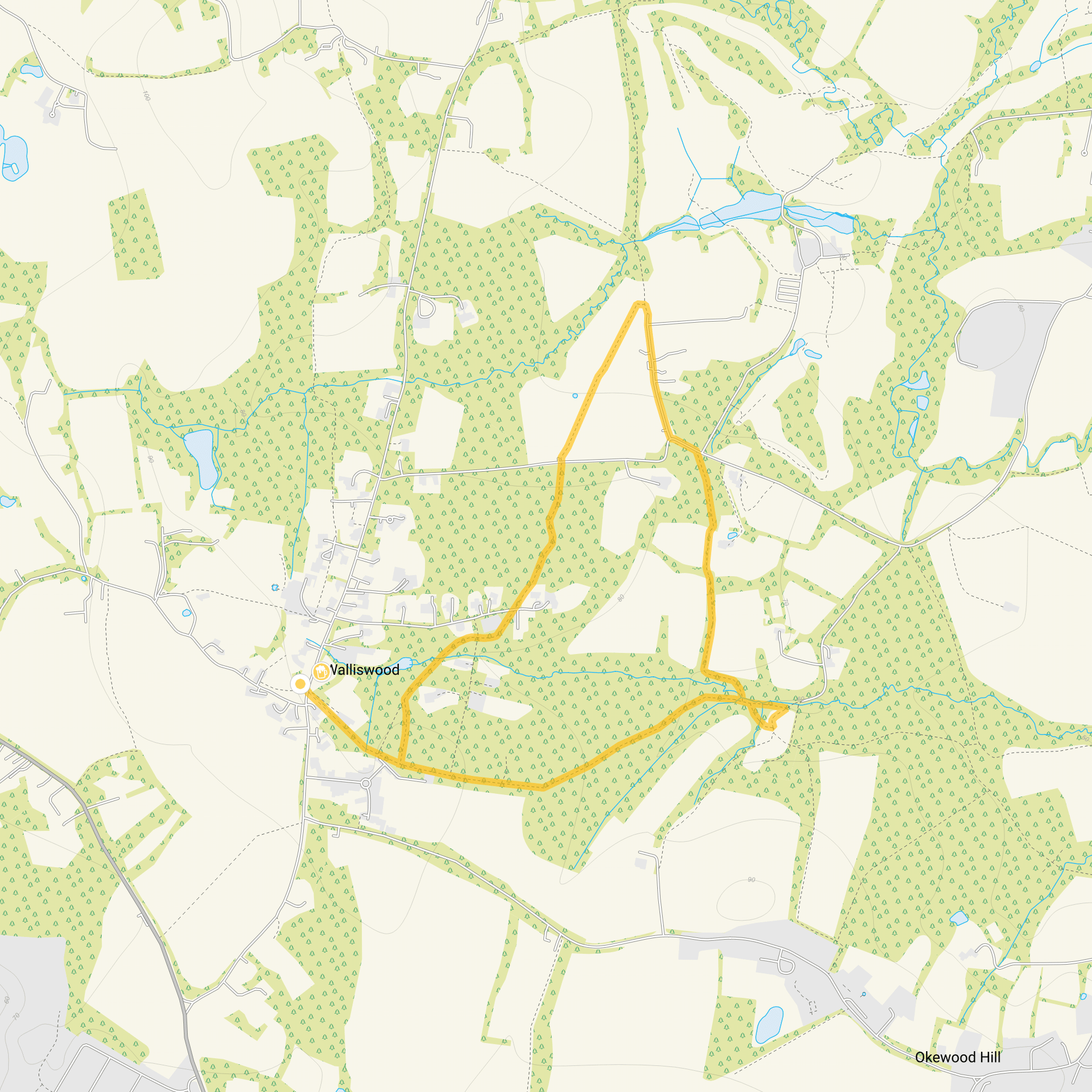 Route map for Walliswood Walk, a 2.25 mile circular walk in Surrey